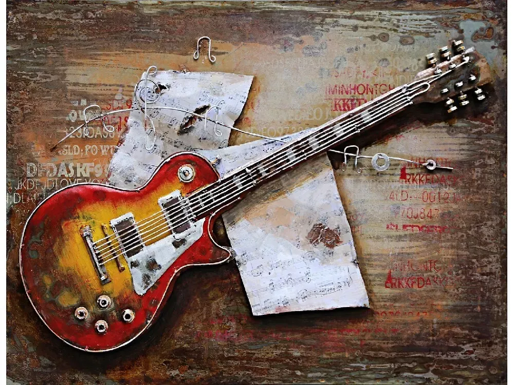 Tableau relief en métal guitare colorée 120x80