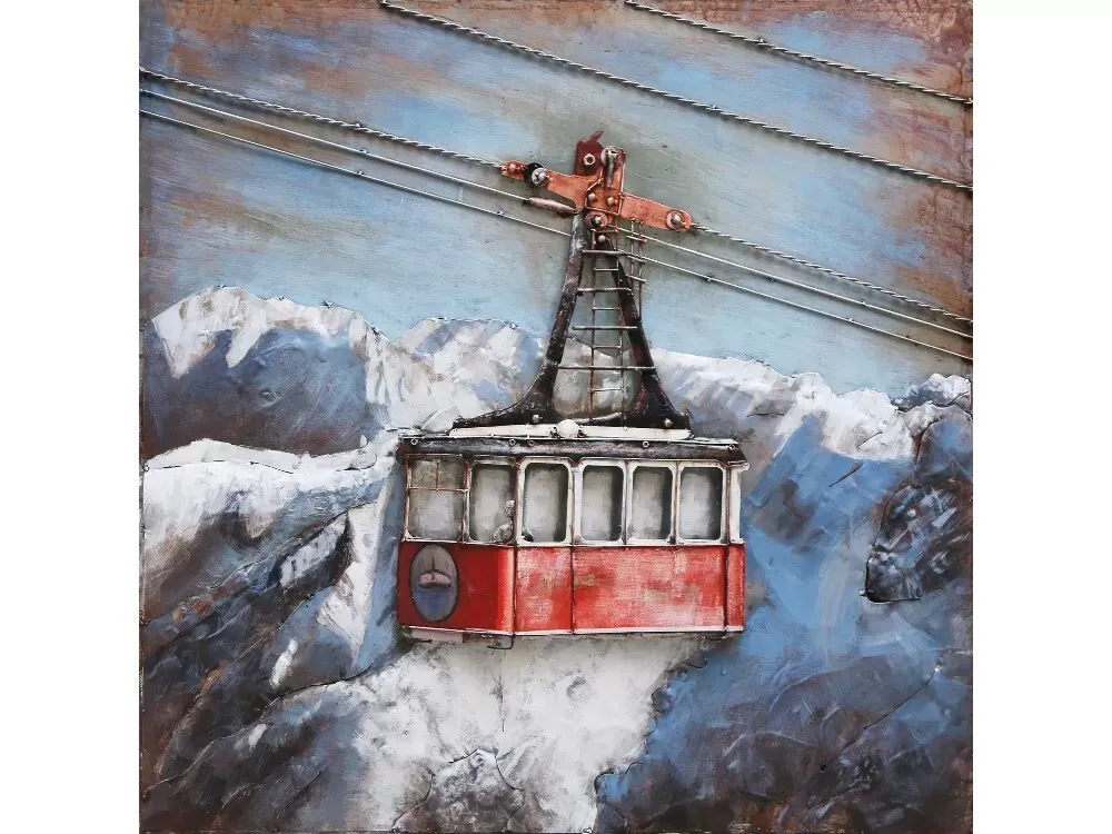 Tableau relief en métal téléphérique rouge 60x60