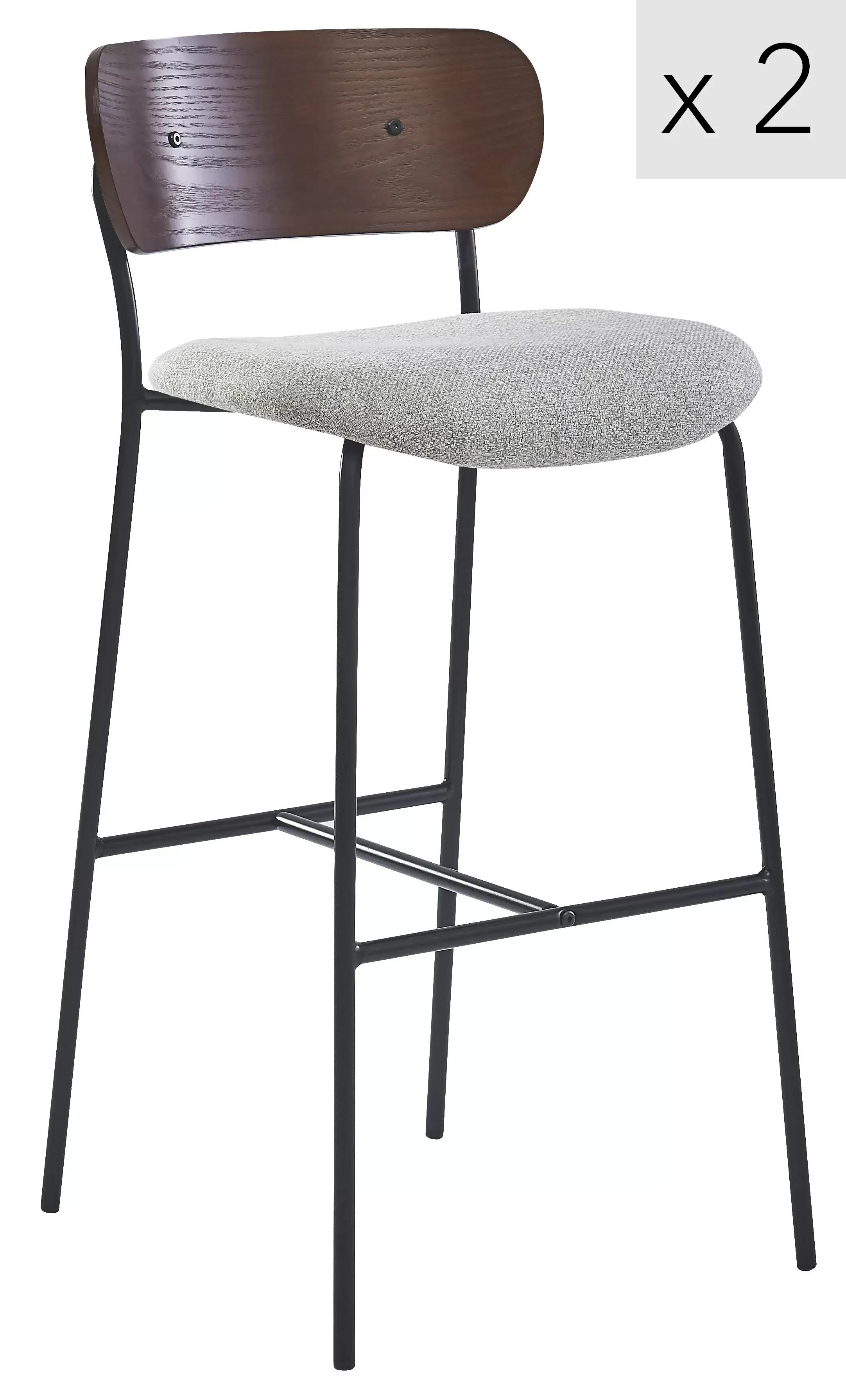Lot de 2 tabourets de bar en métal et frêne tissu gris