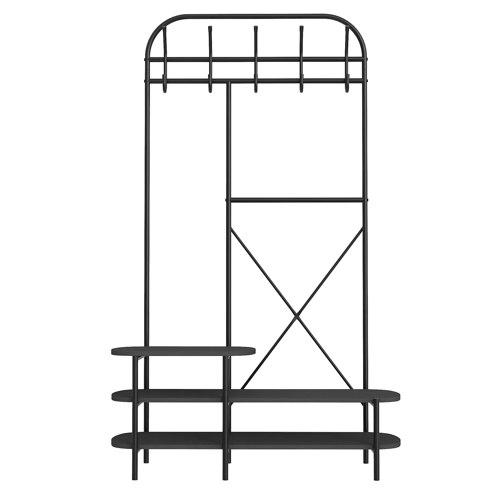 Vestiaire d'entrée style industriel avec plateaux en bois noir