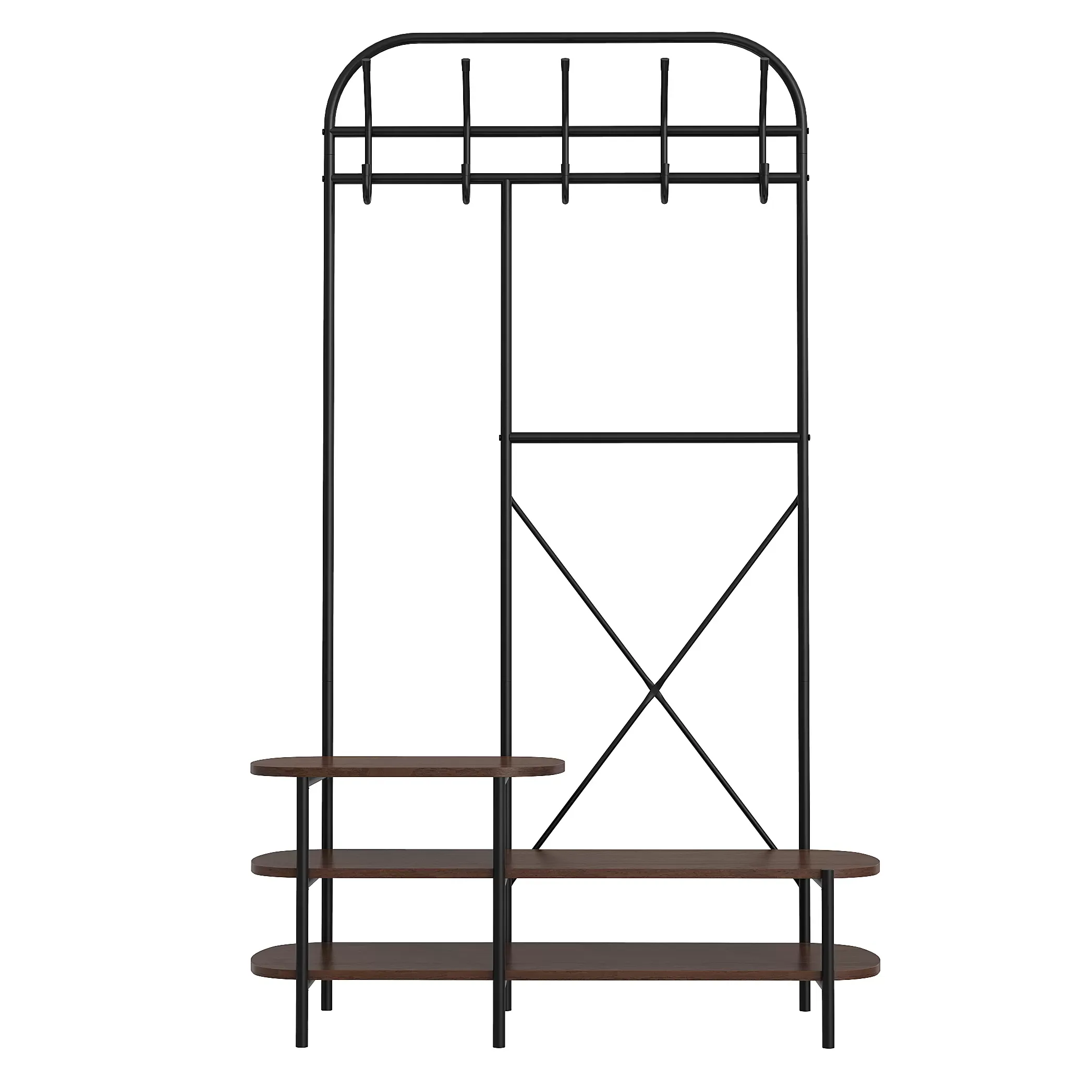 Vestiaire d'entrée style industriel avec plateaux en bois marron