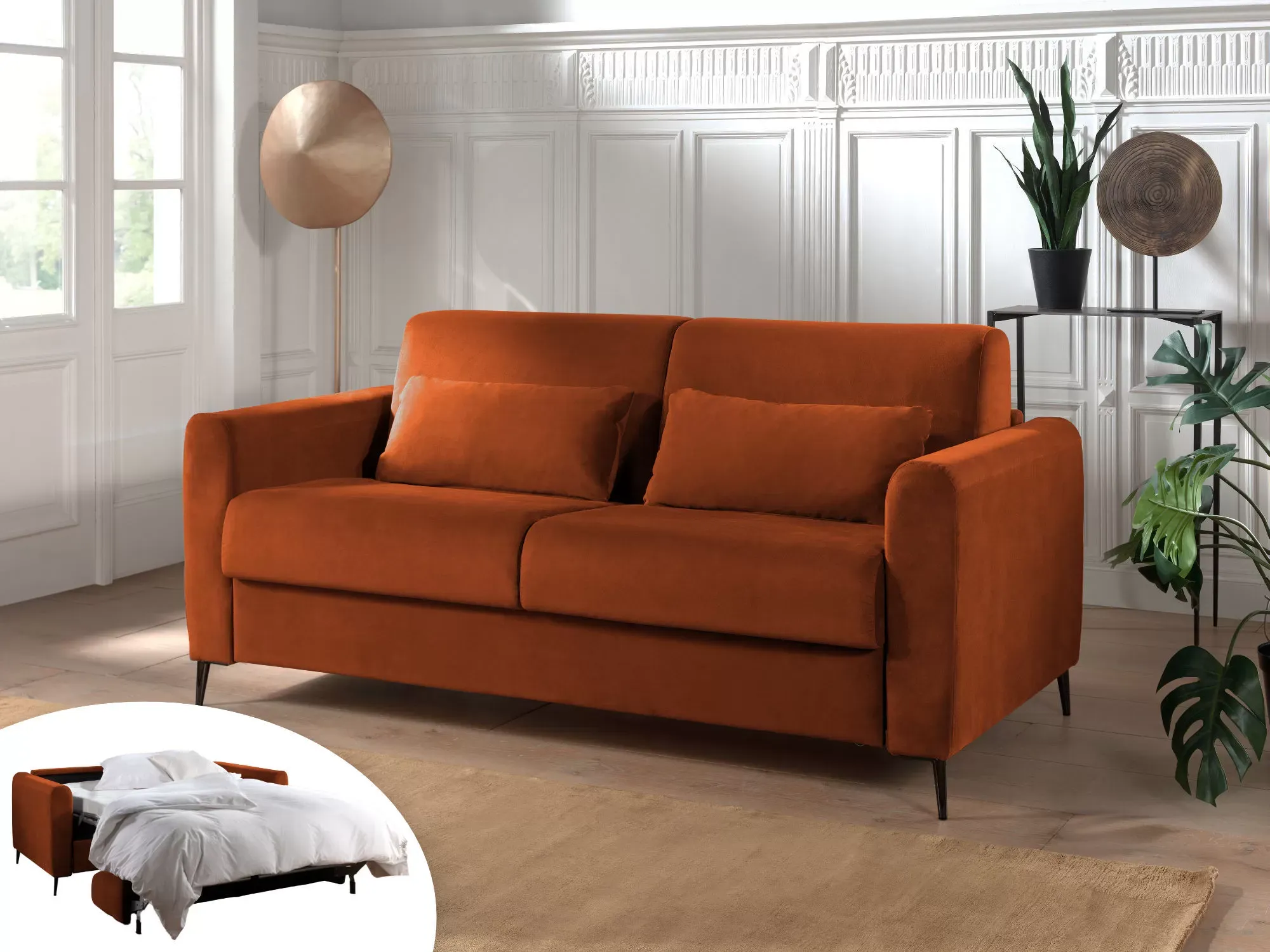 Canapé droit convertible 3 places en velours rouille