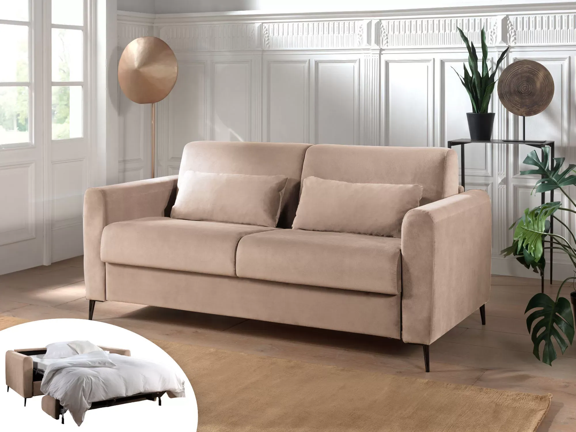 Canapé droit convertible 3 places en velours beige