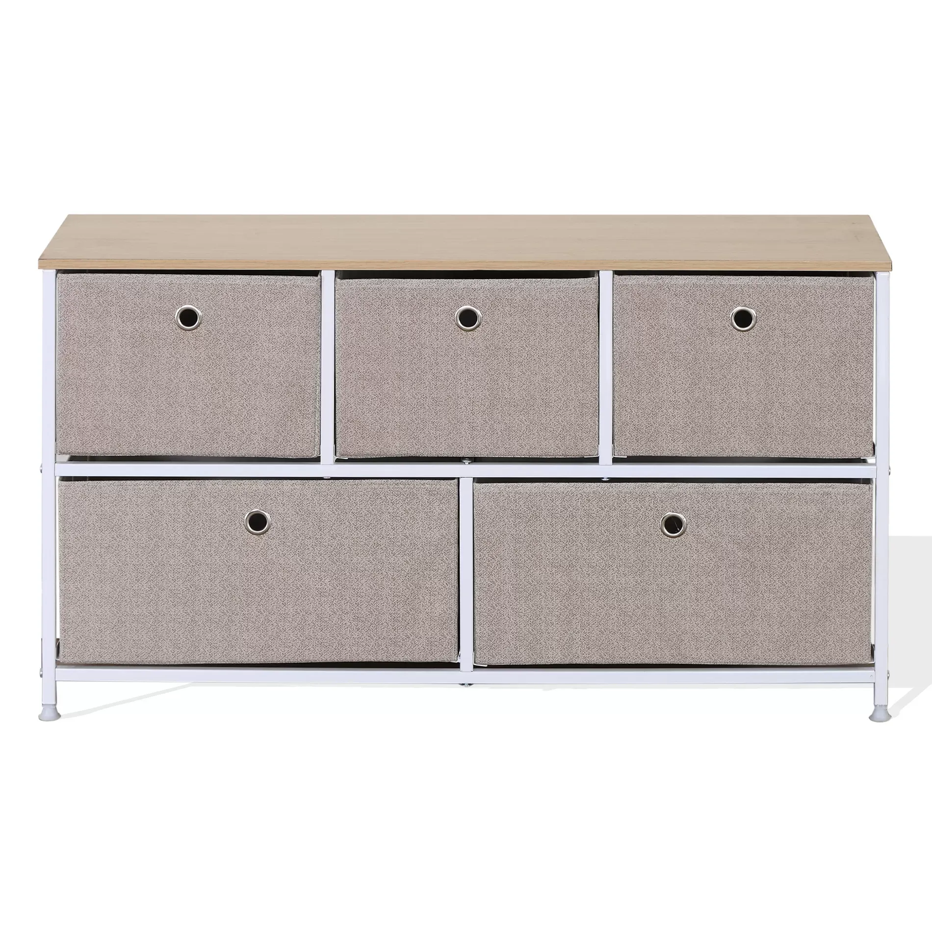 Buffet enfilade à 5 tiroirs en metal et tissu blanc et beige