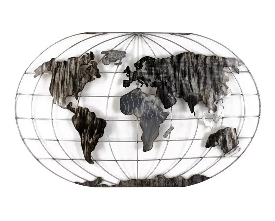 Décoration murale en métal planisphère gris 120x75x6