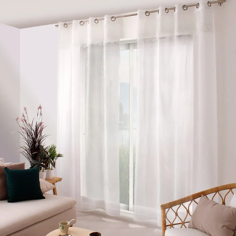 Voilage en étamine avec top à volant brodé polyester blanc 140x240 cm