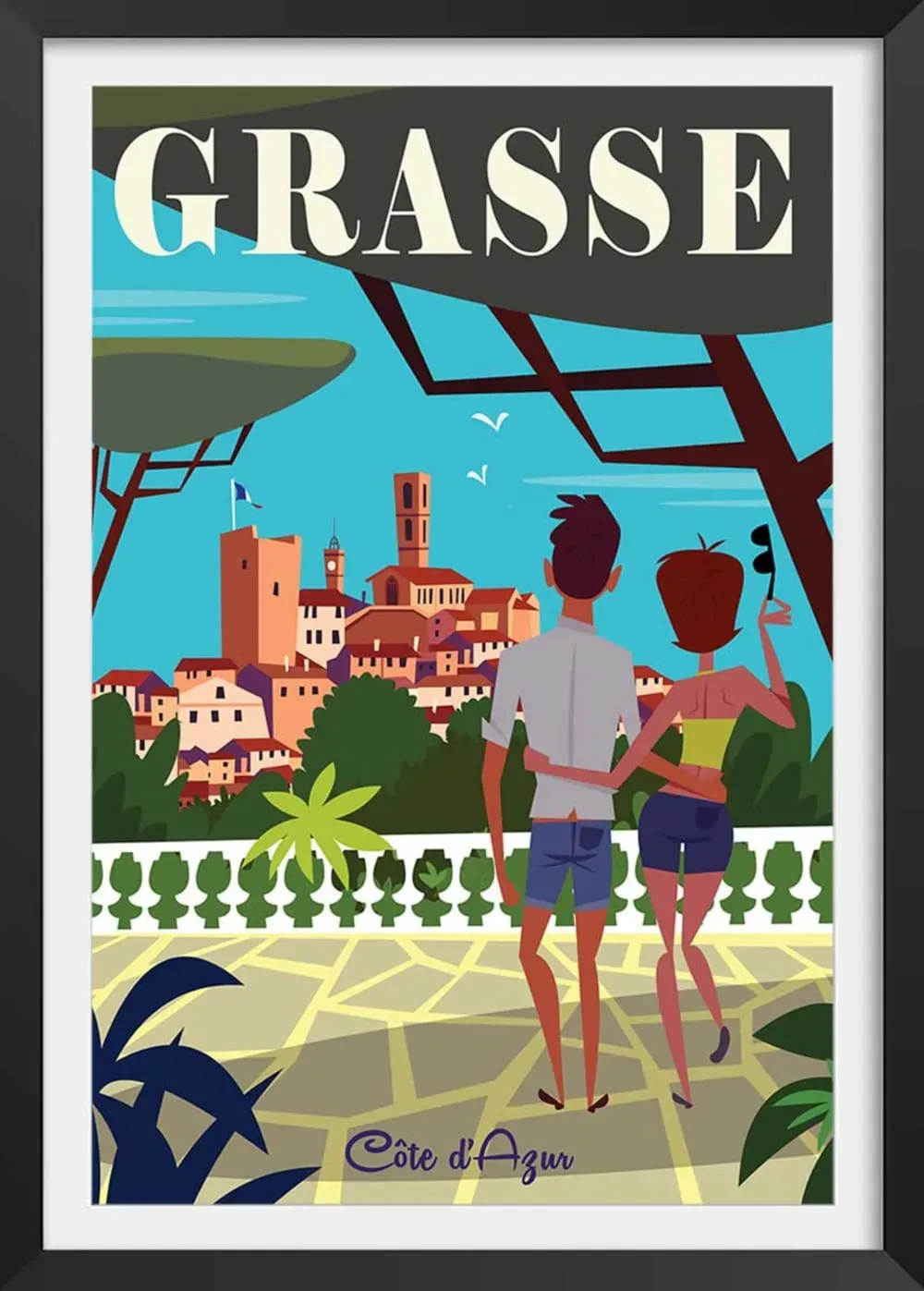 Affiche voyage à Grasse avec cadre noir 40x60  cm
