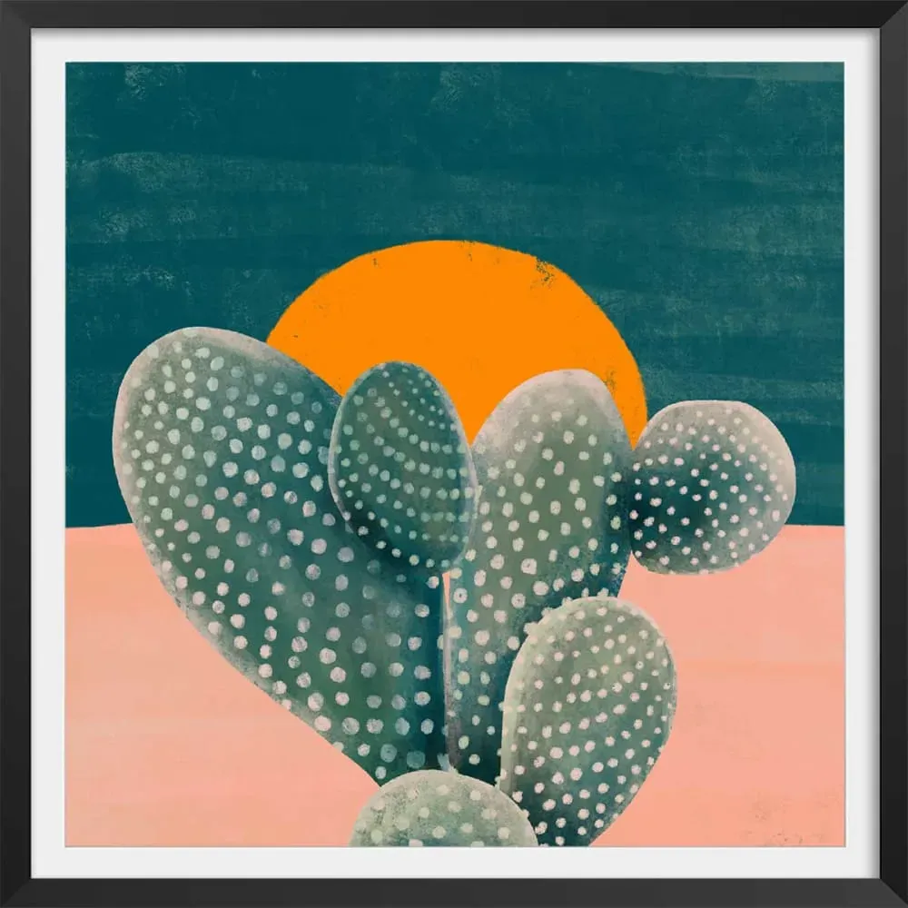 Affiche illustration cactus et soleil orange avec cadre noir 50x50 cm