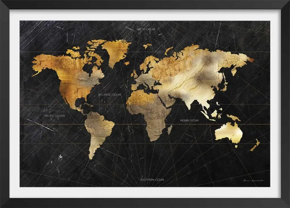 Affiche carte du monde dorée avec cadre noir 90x60 cm