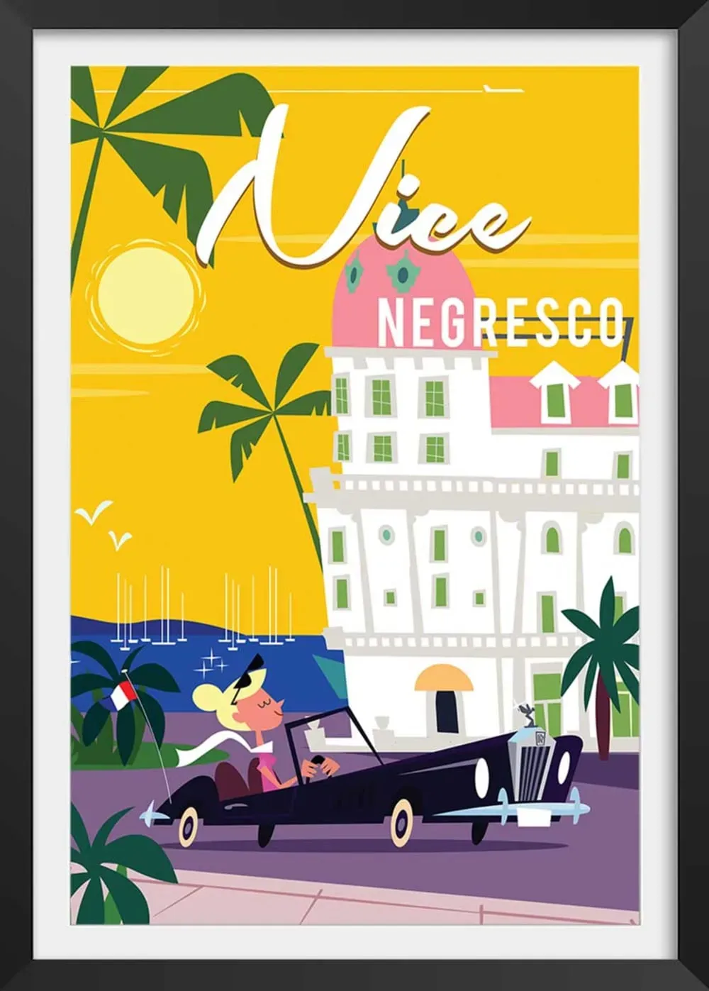 Affiche vacances à Nice avec cadre noir 30x45 cm