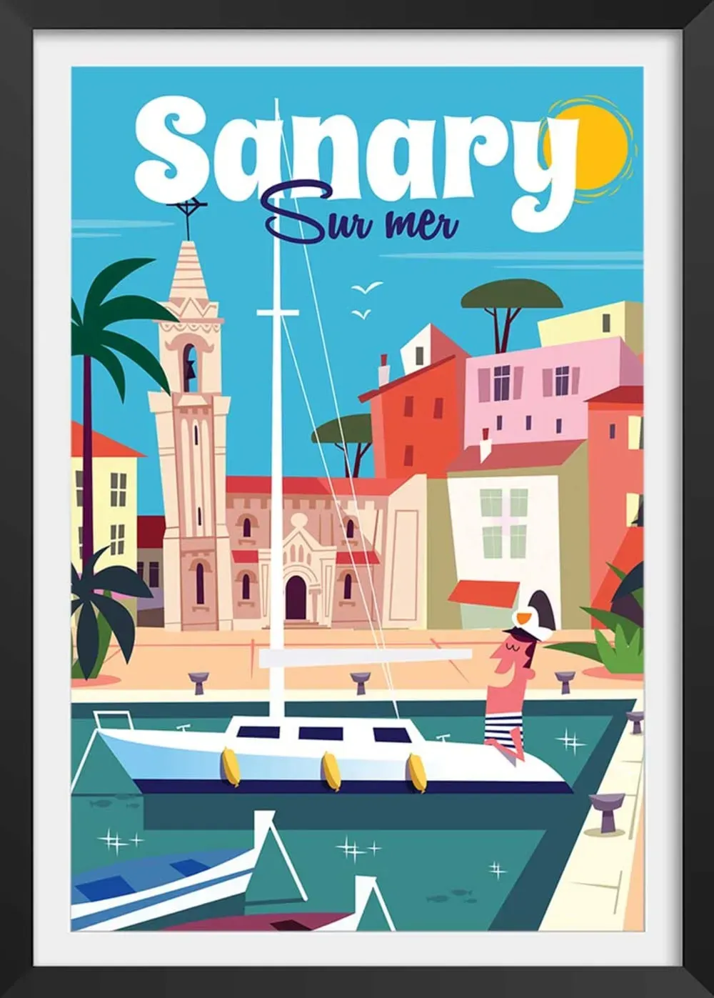 Affiche vacances à Sanary avec cadre noir 30x45 cm