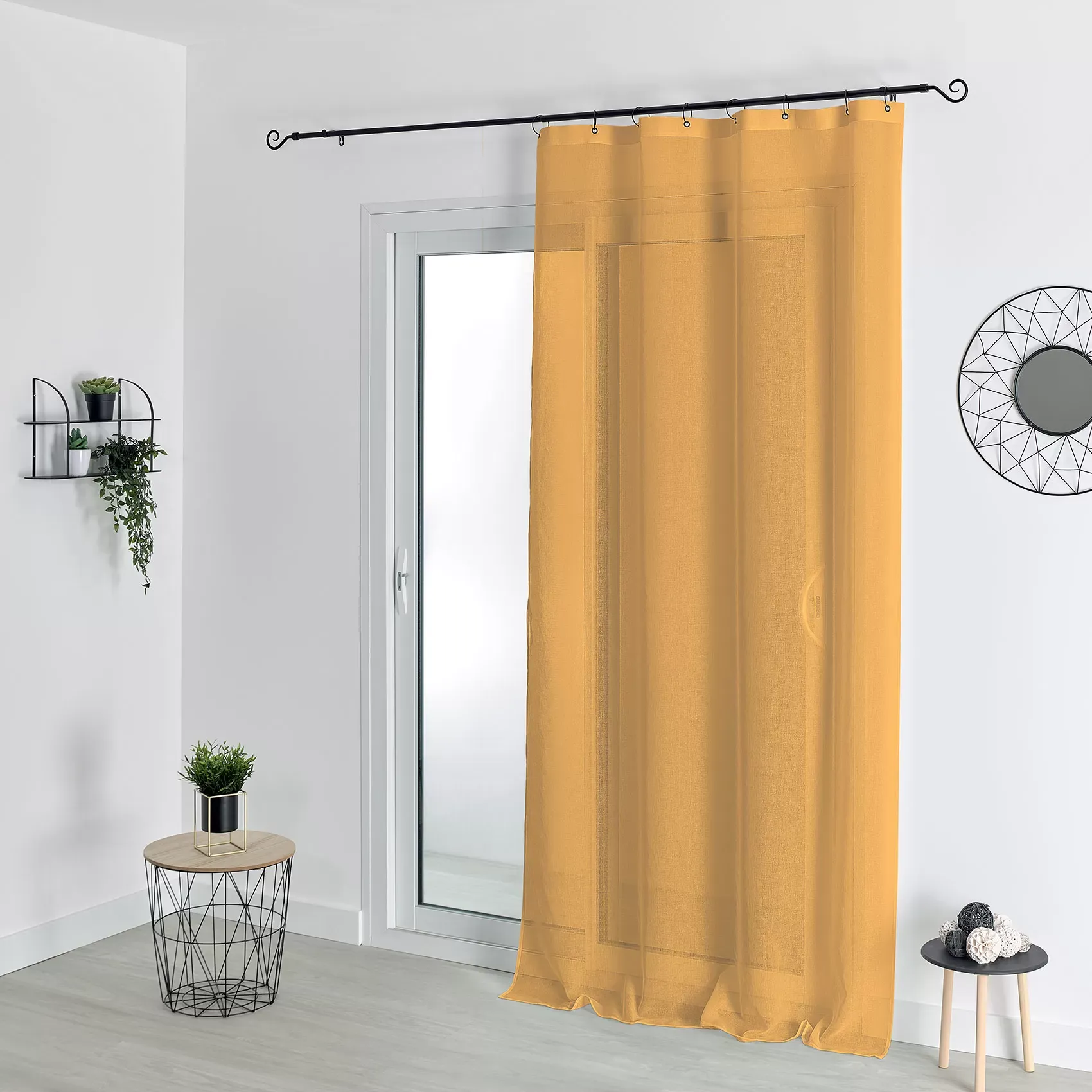 Voilage à anneaux noirs amovibles polyester jaune ocre 140x240 cm