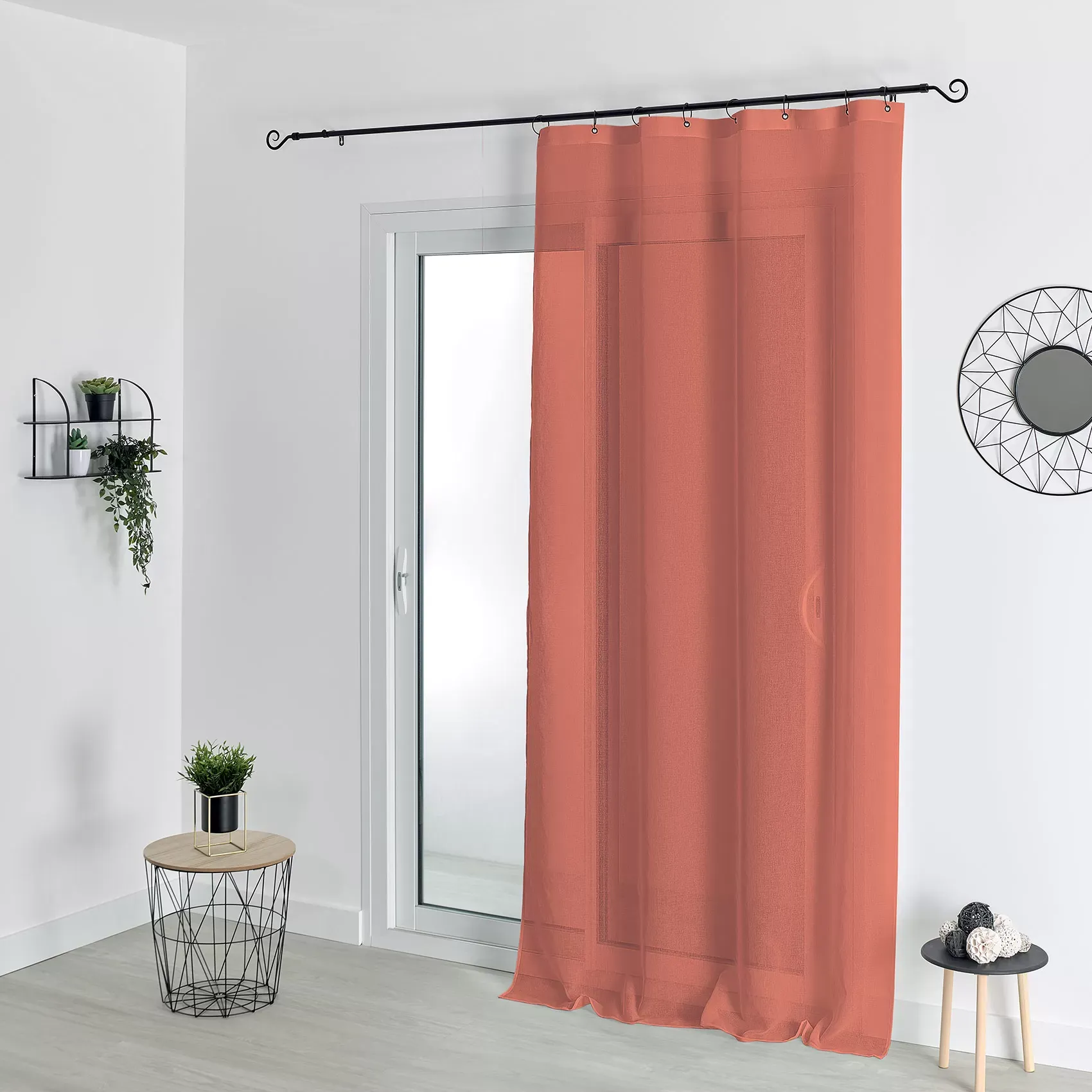 Voilage à anneaux noirs amovibles polyester terracotta 140x240 cm