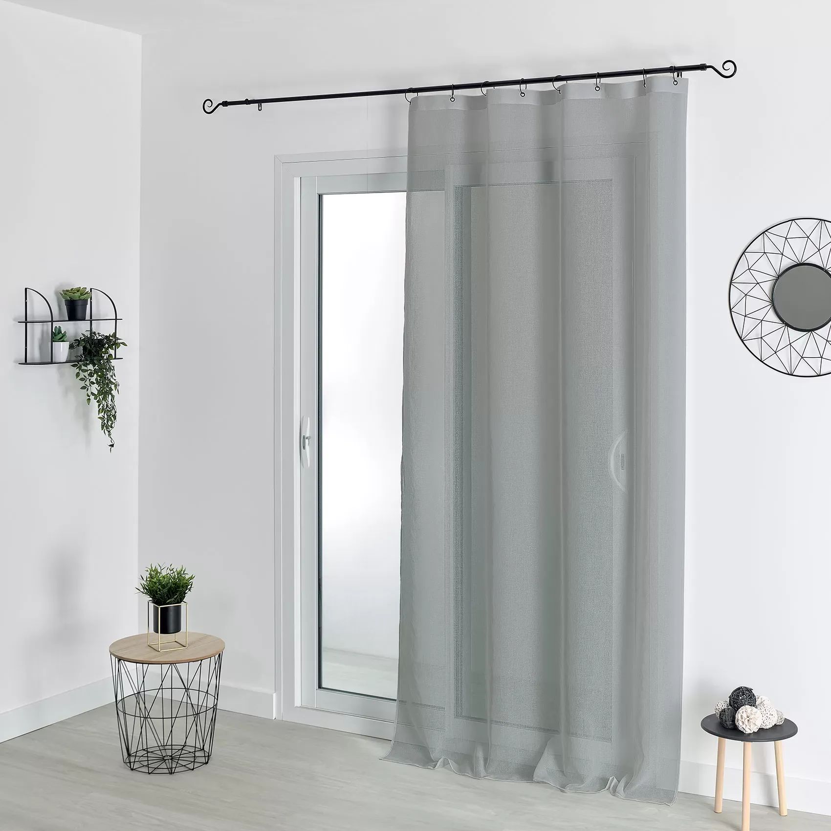 Voilage à anneaux noirs amovibles polyester gris 140x240 cm