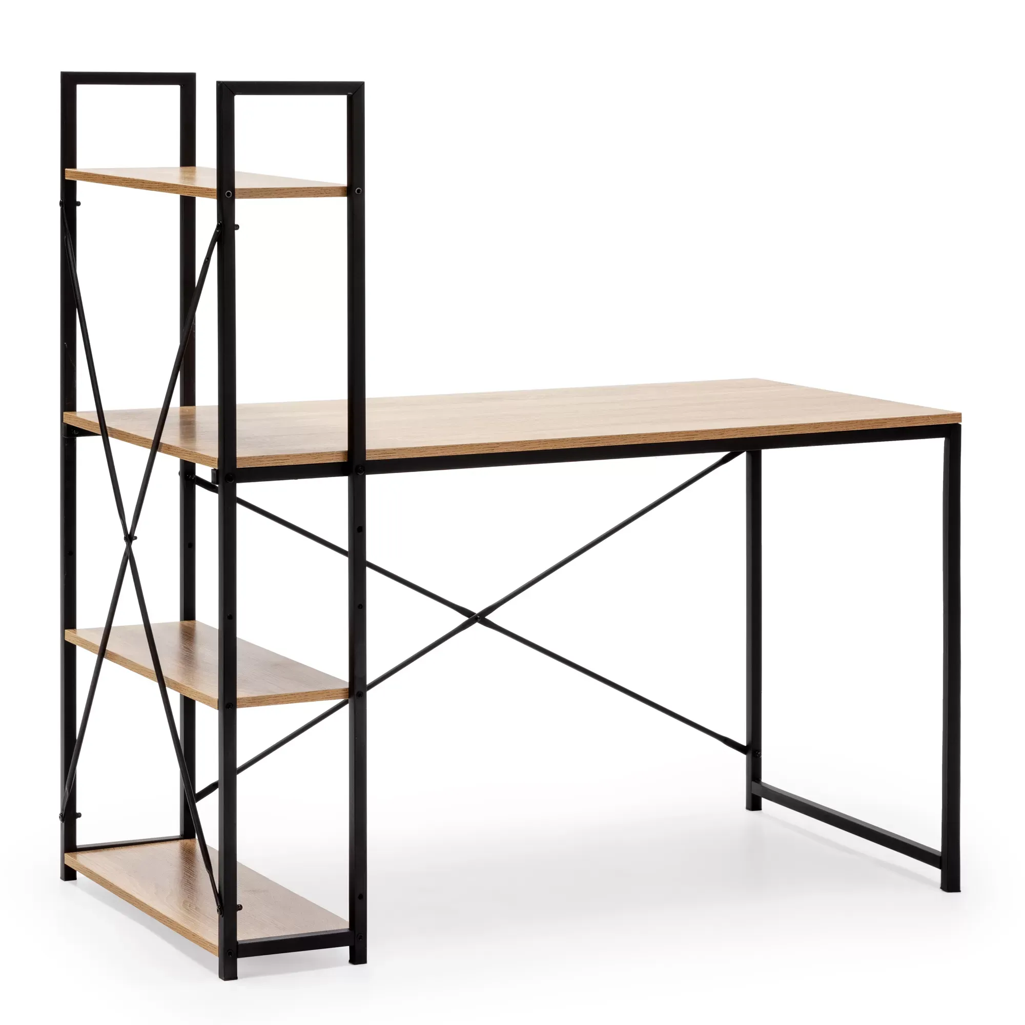 Bureau noir, 3 étagères, style industriel, 120 cm longueur