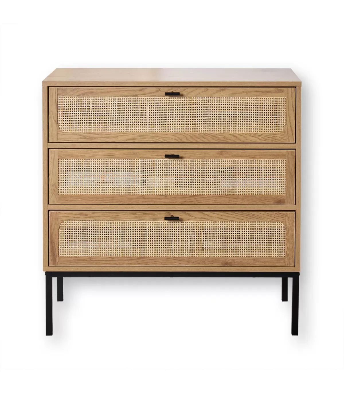 Commode 3 tiroirs décor chêne et façade en rotin - L80 x P39 cm