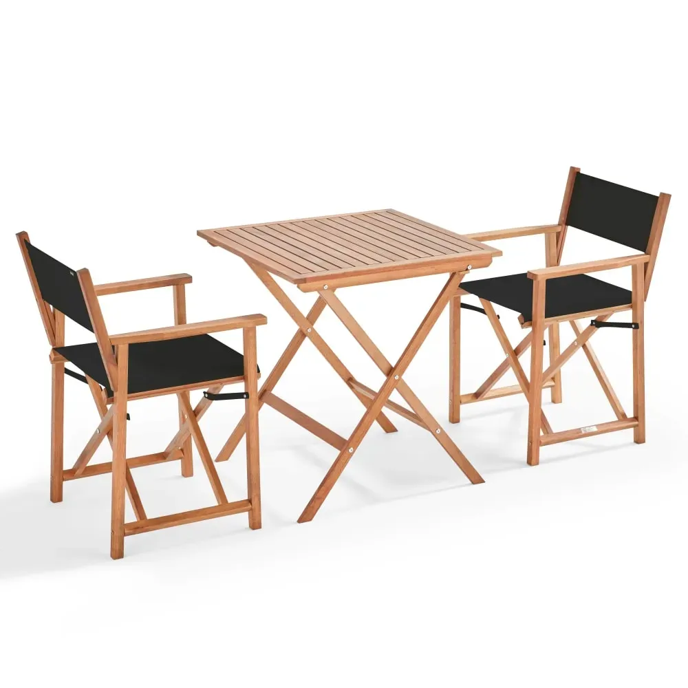 Table bistrot pliante carrée et 2 chaises pliantes noir