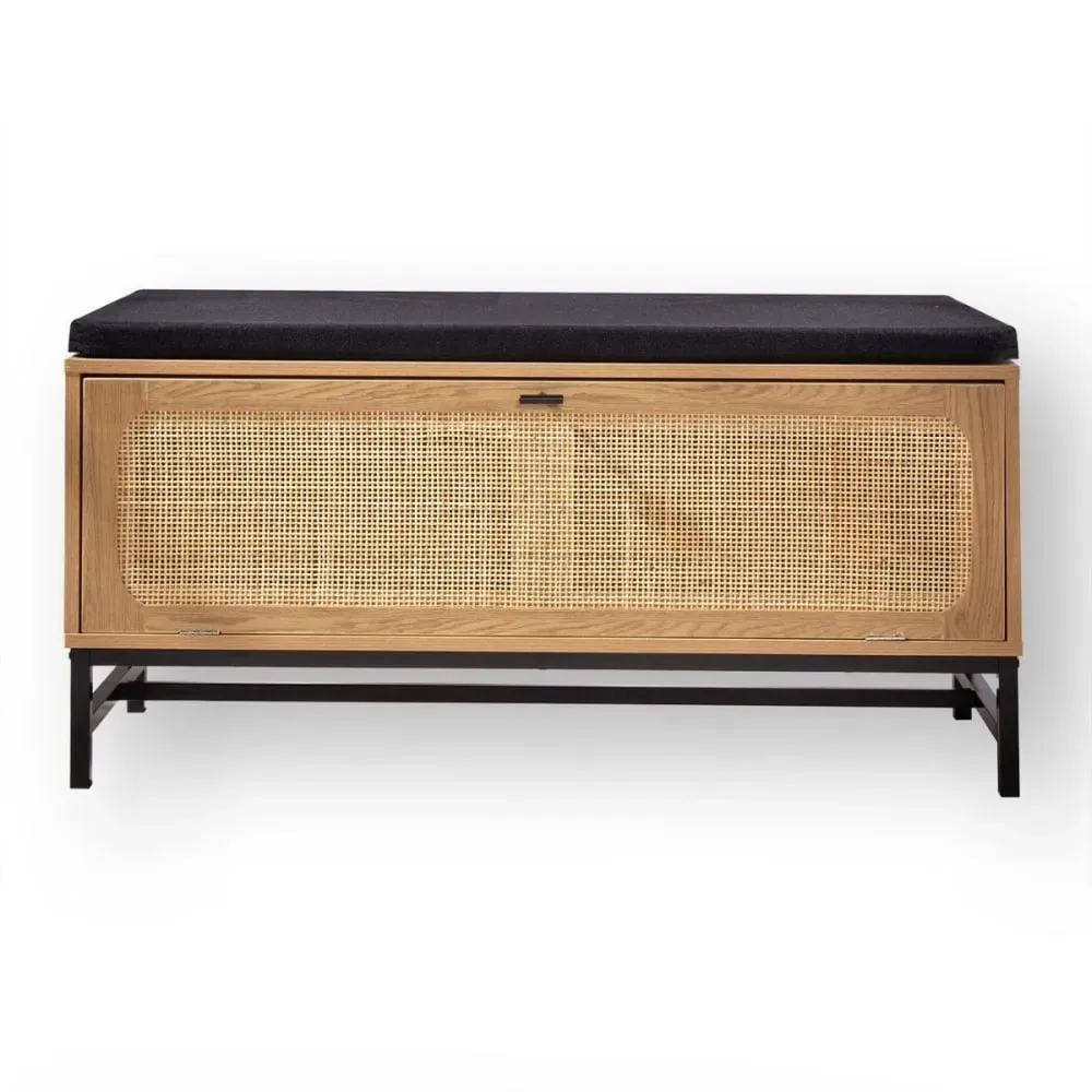 Banc d'entrée avec rangements effet bois et façade en rotin L100 cm