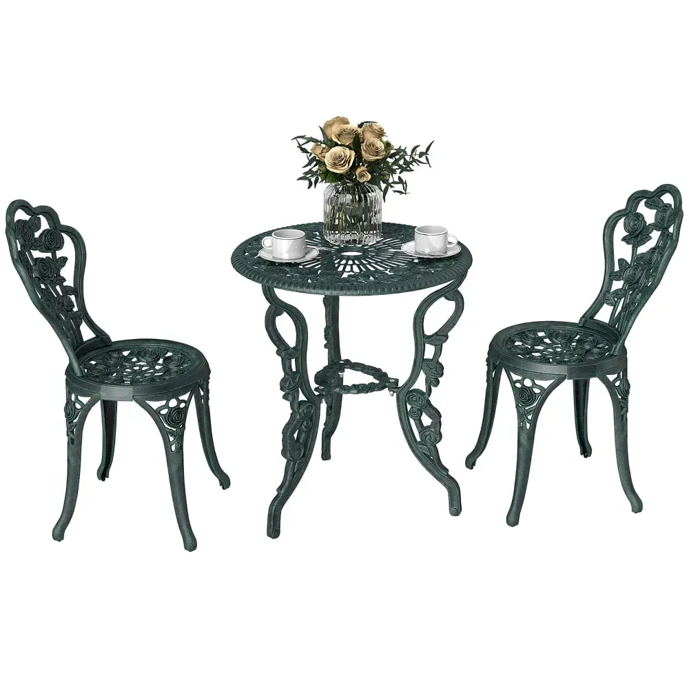 Salon de jardin 2 places 3 pièces néo-rétro métal vert vieilli