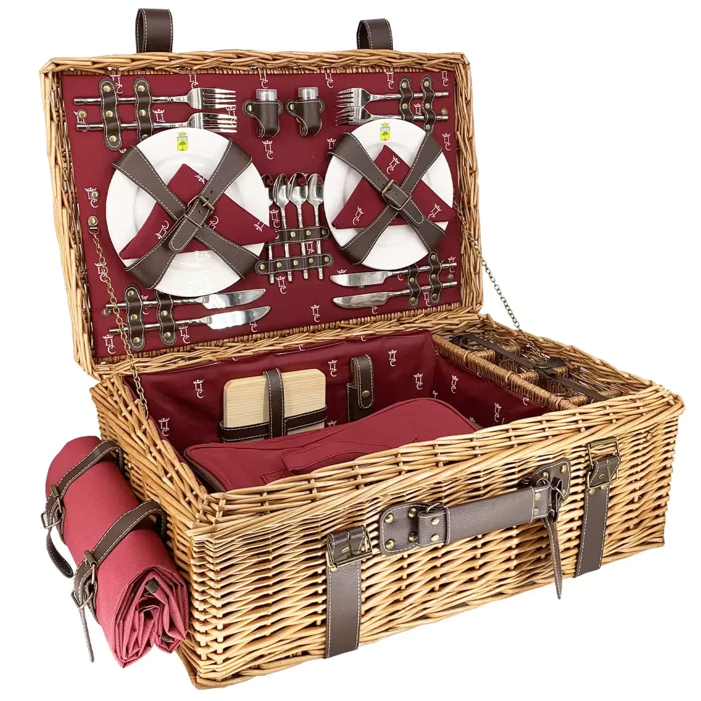 Malle pique-nique osier et cuir Champs-Elysées bordeaux - 4 personnes