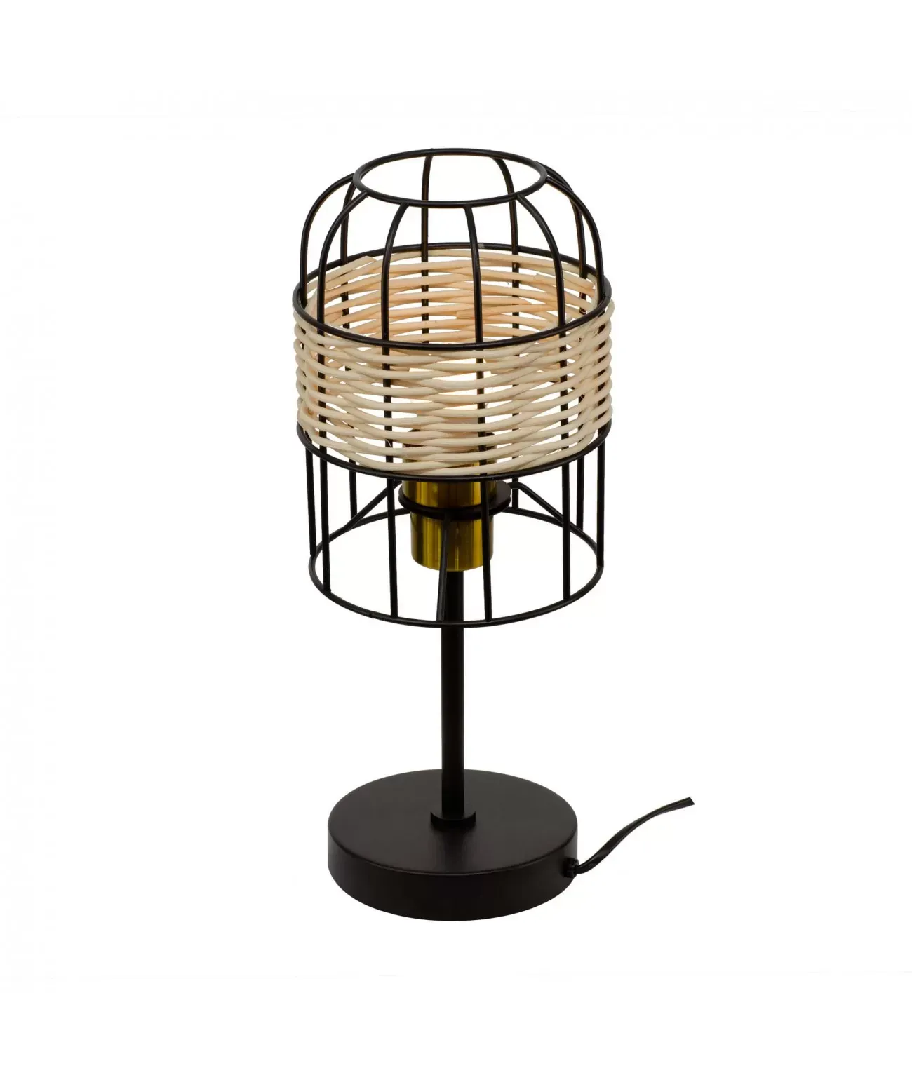 Lampe à poser tactile en métal noir et rotin tressé naturel