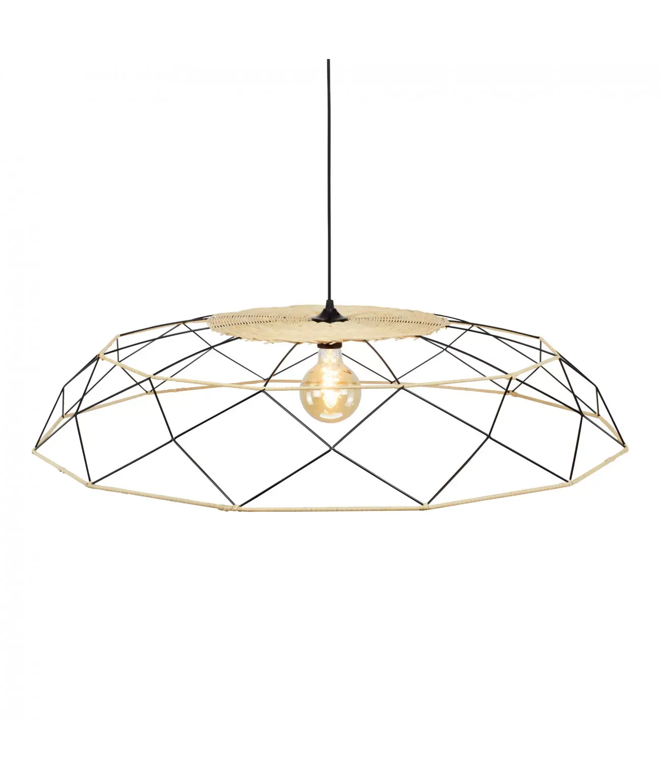 Suspension grand modèle en métal noir et rotin naturel