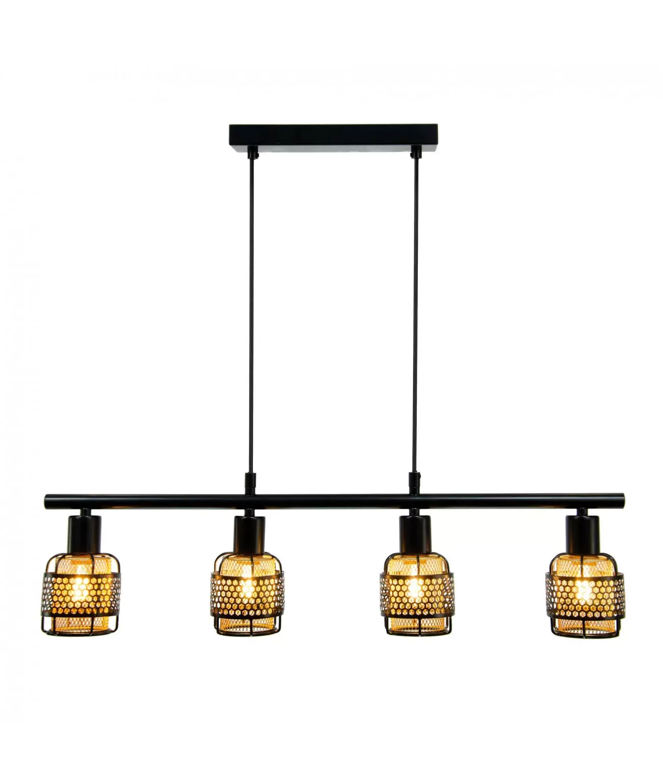 Suspension 4 lumières en métal grillagé noir et cuivré