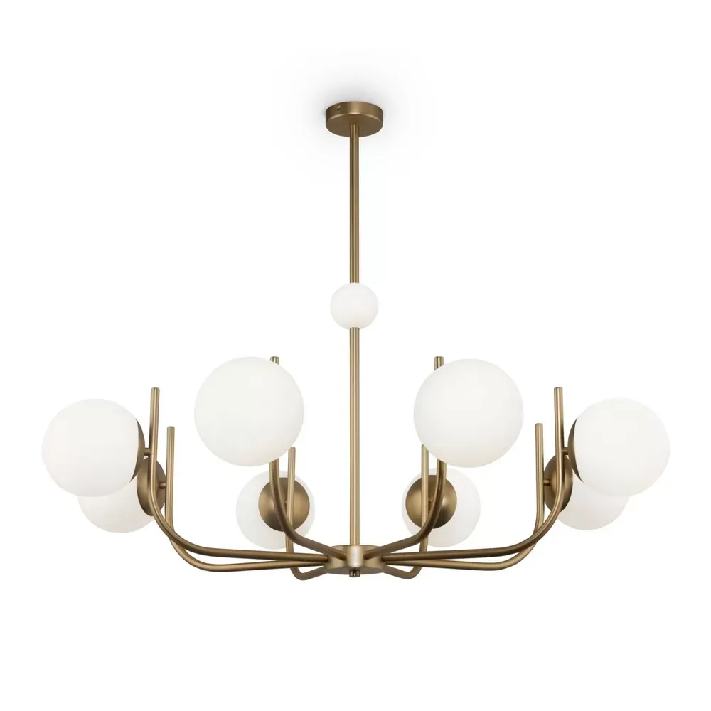 Suspension 8 lumières doré avec sphères en verre blanc