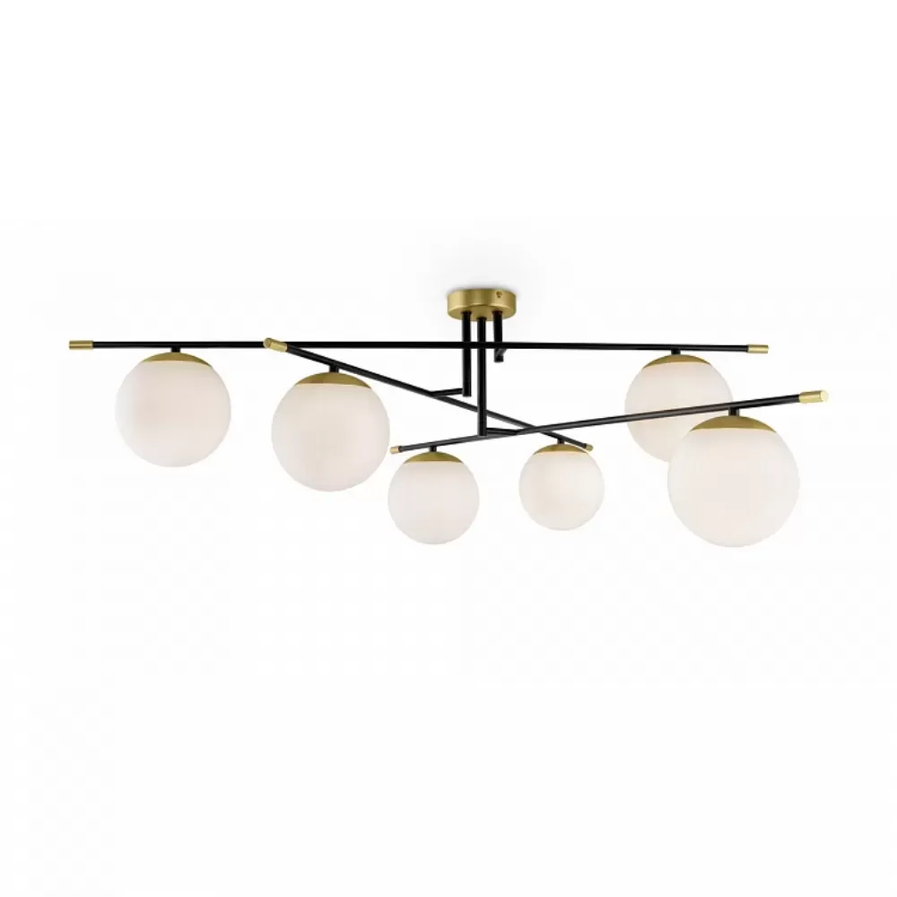 Suspension 6 lumières dorée et noir avec sphères en verre blanc mat