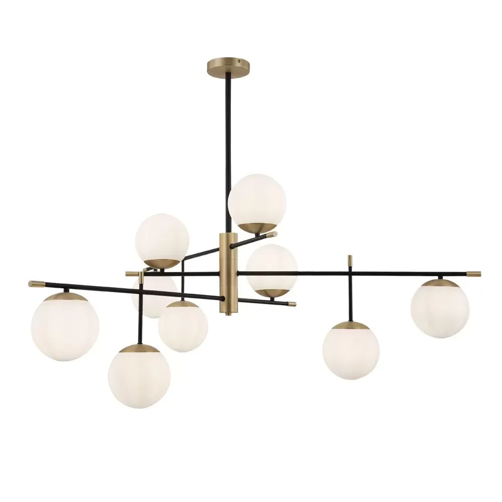 Suspension 9 lumières  doré et noir avec sphères en verre blanc