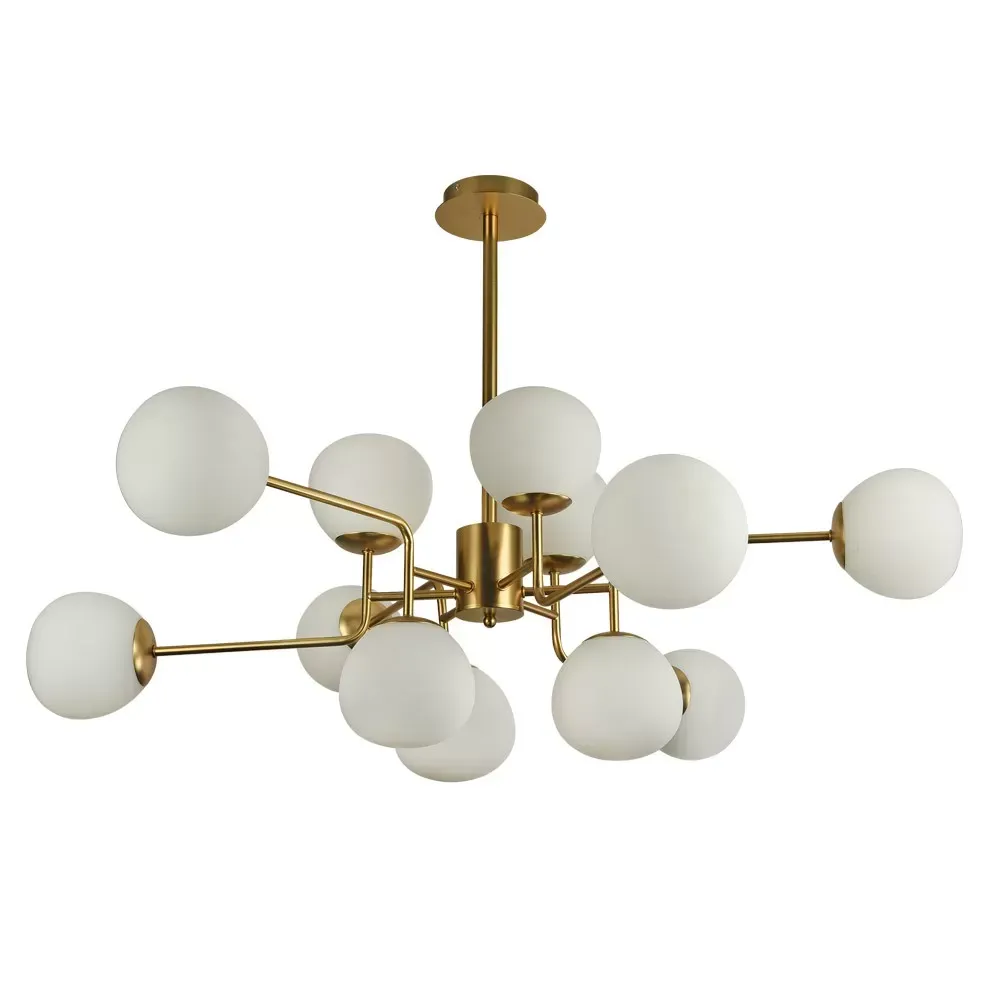 Ssupension moderne 12 lumières couleur laiton et sphères en verre