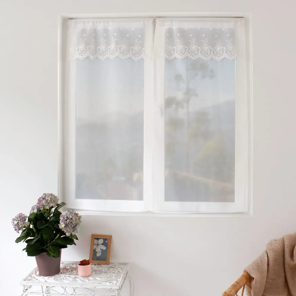 Paire de vitrages avec top à volant brodé etamine blanc 60 x 160 cm