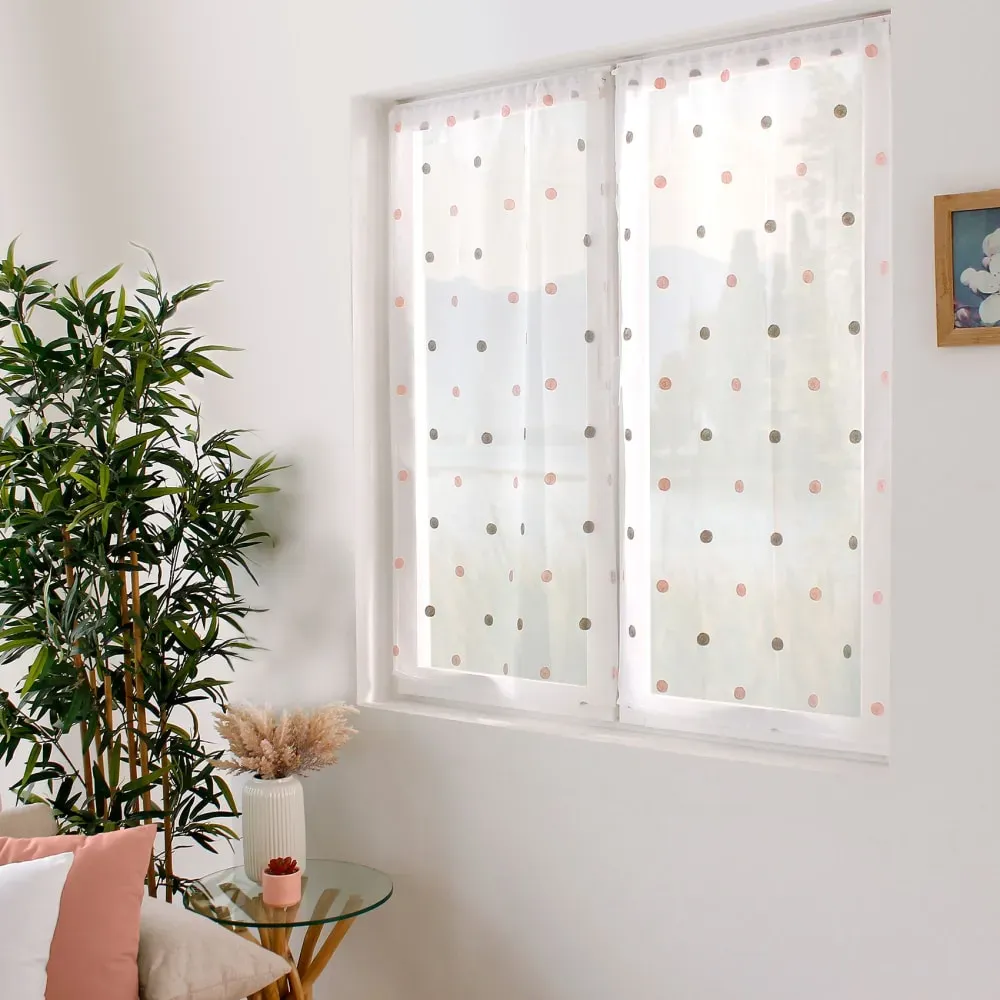 Paire de petits voilages droits à pois colorés polyester gris perle