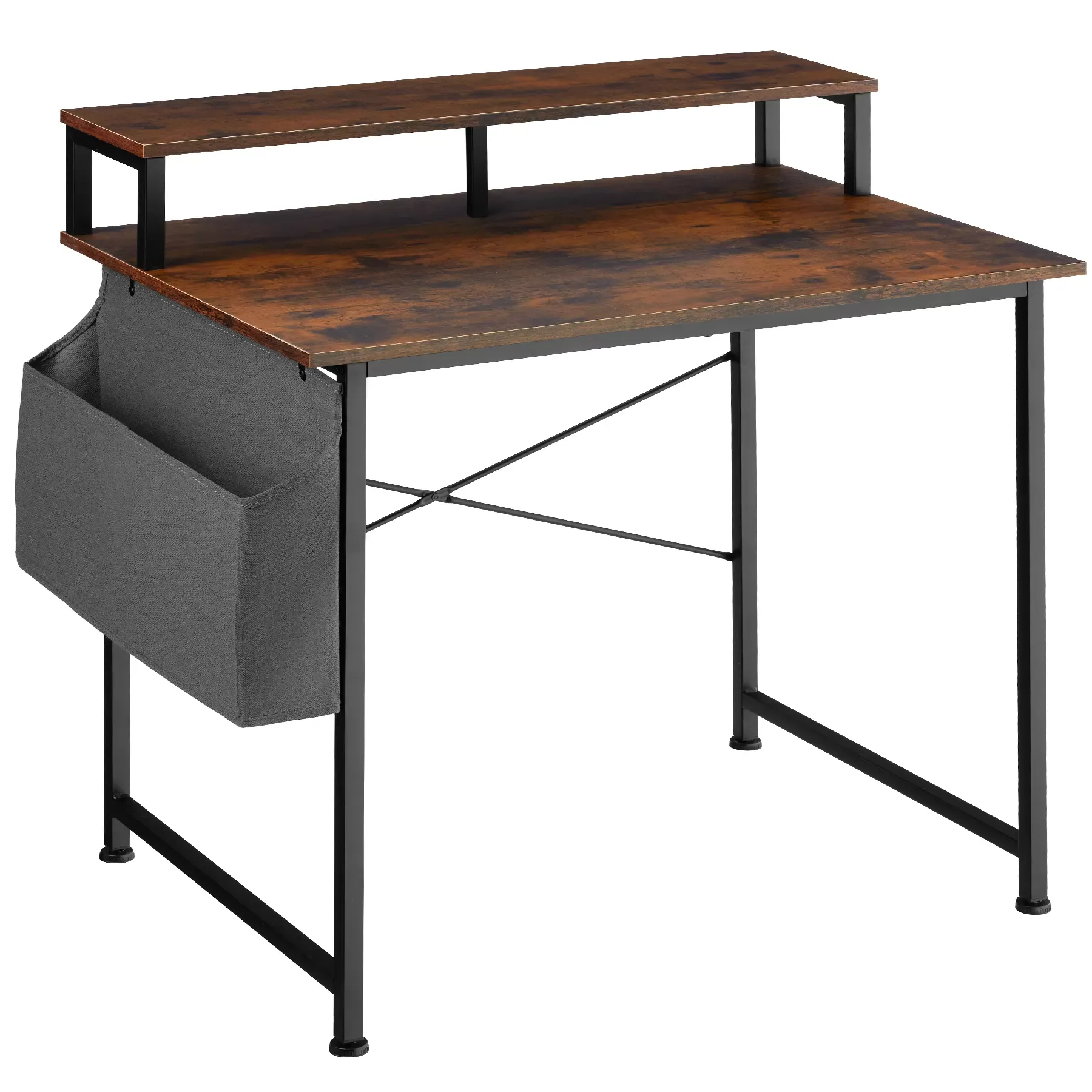 Bureau Style industriel support écran et sac de rangement bois foncé