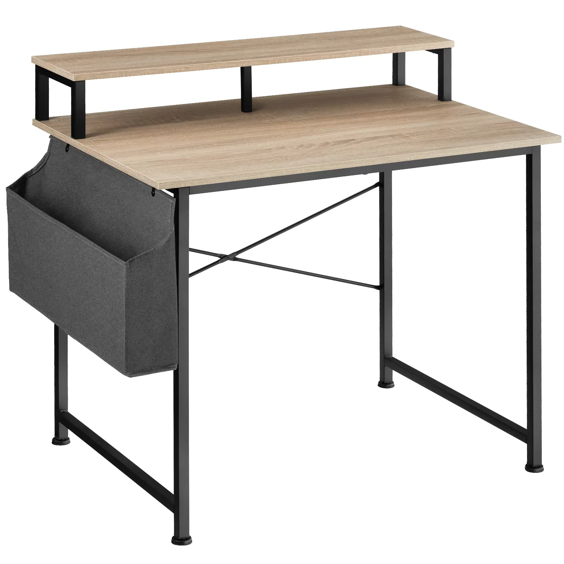 Bureau Style industriel Support écran et sac de rangement bois clair