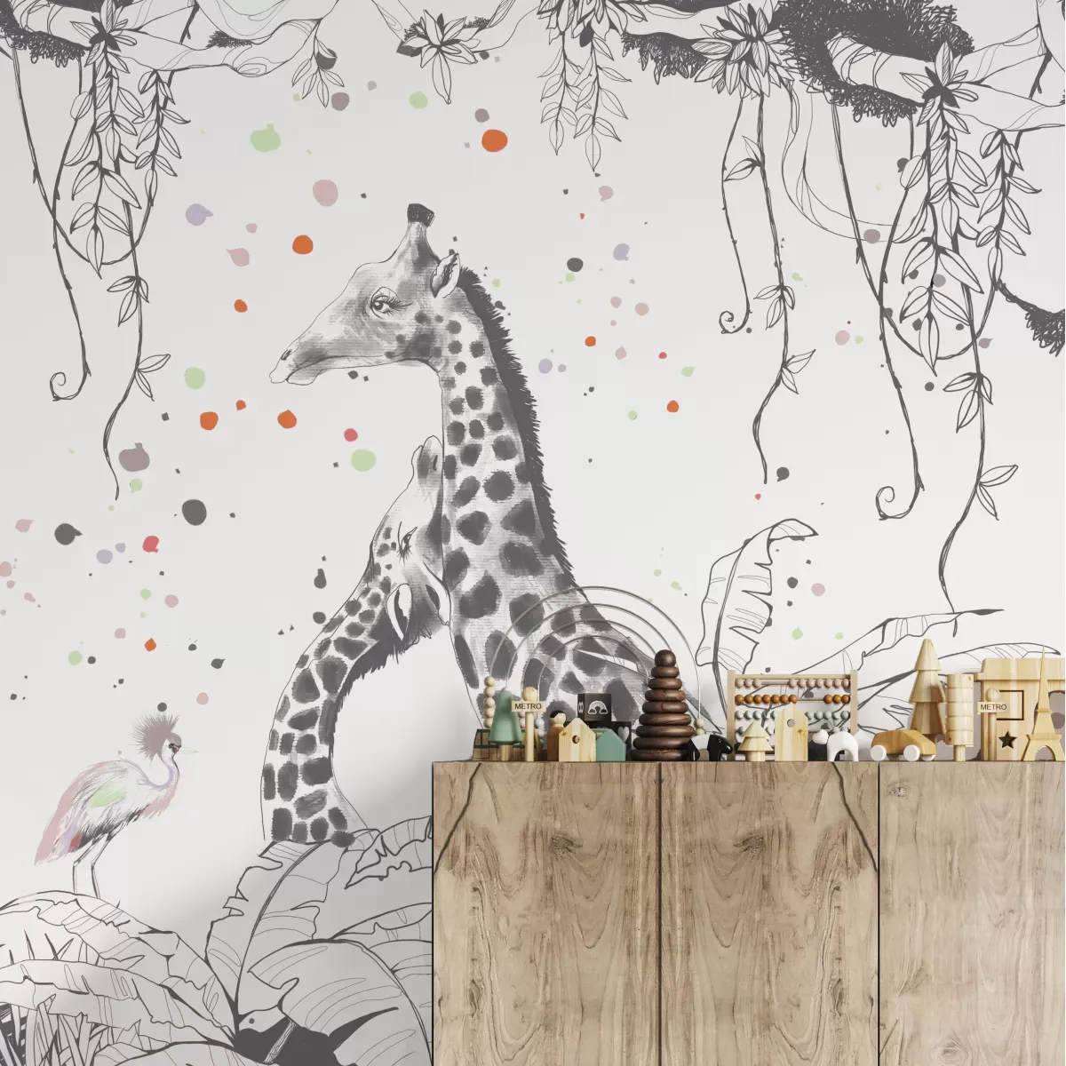 Papier peint panoramique enfant scènes girafes gris clair 340x250cm