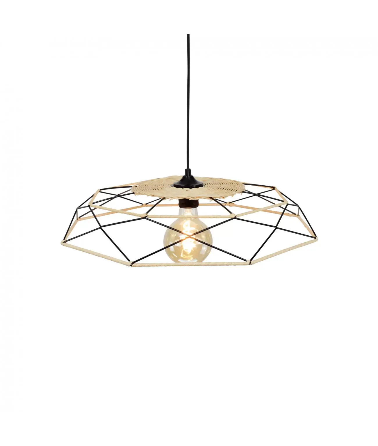 Suspension petit modèle en métal noir et rotin naturel