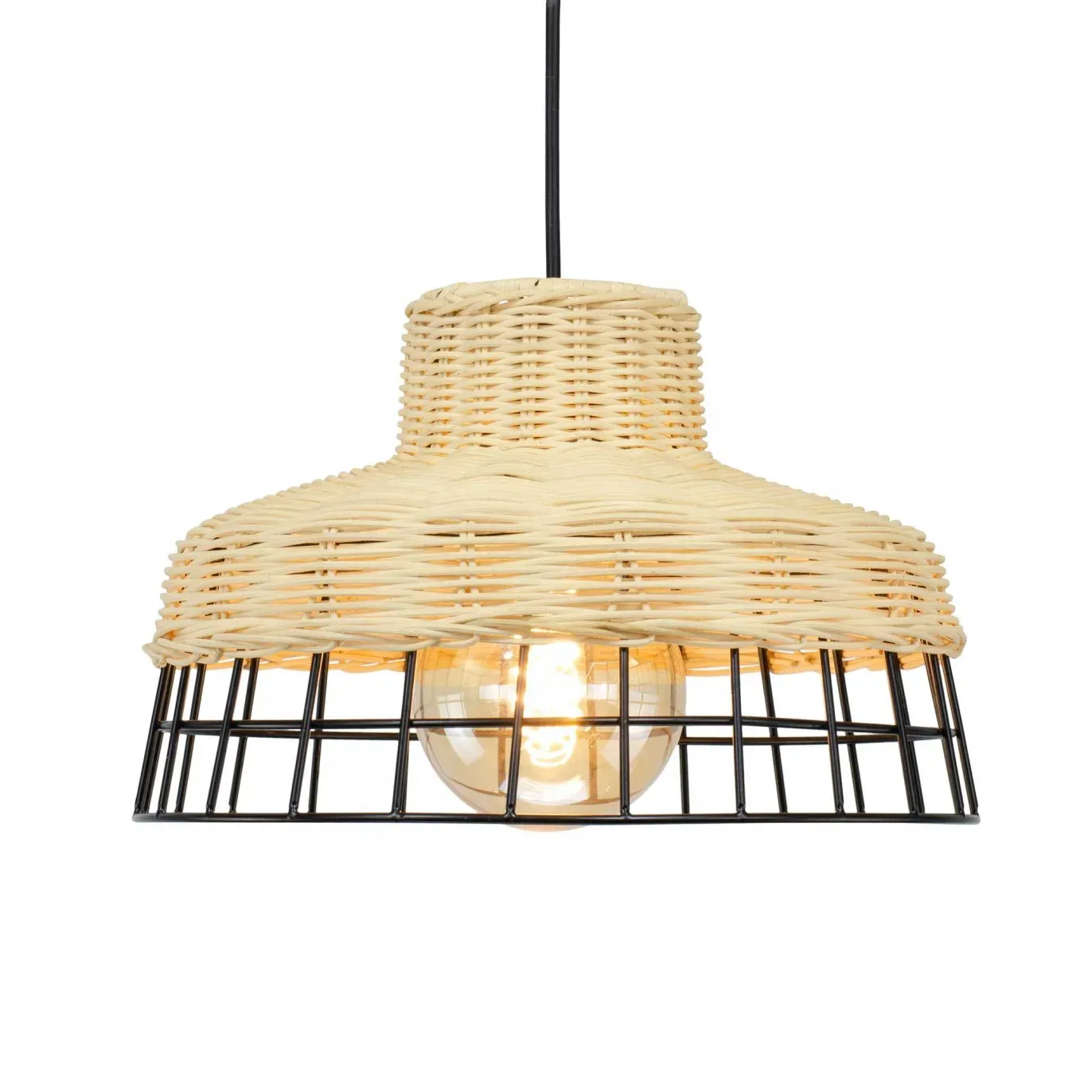 Suspension en rotin tressé naturel et métal noir