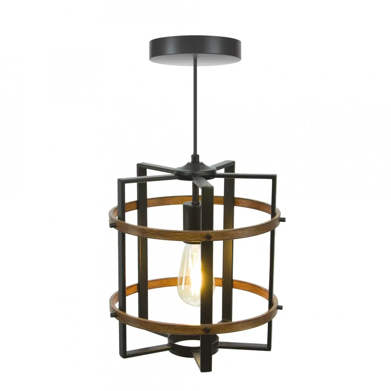 Suspension en métal noir et peinture effet bois