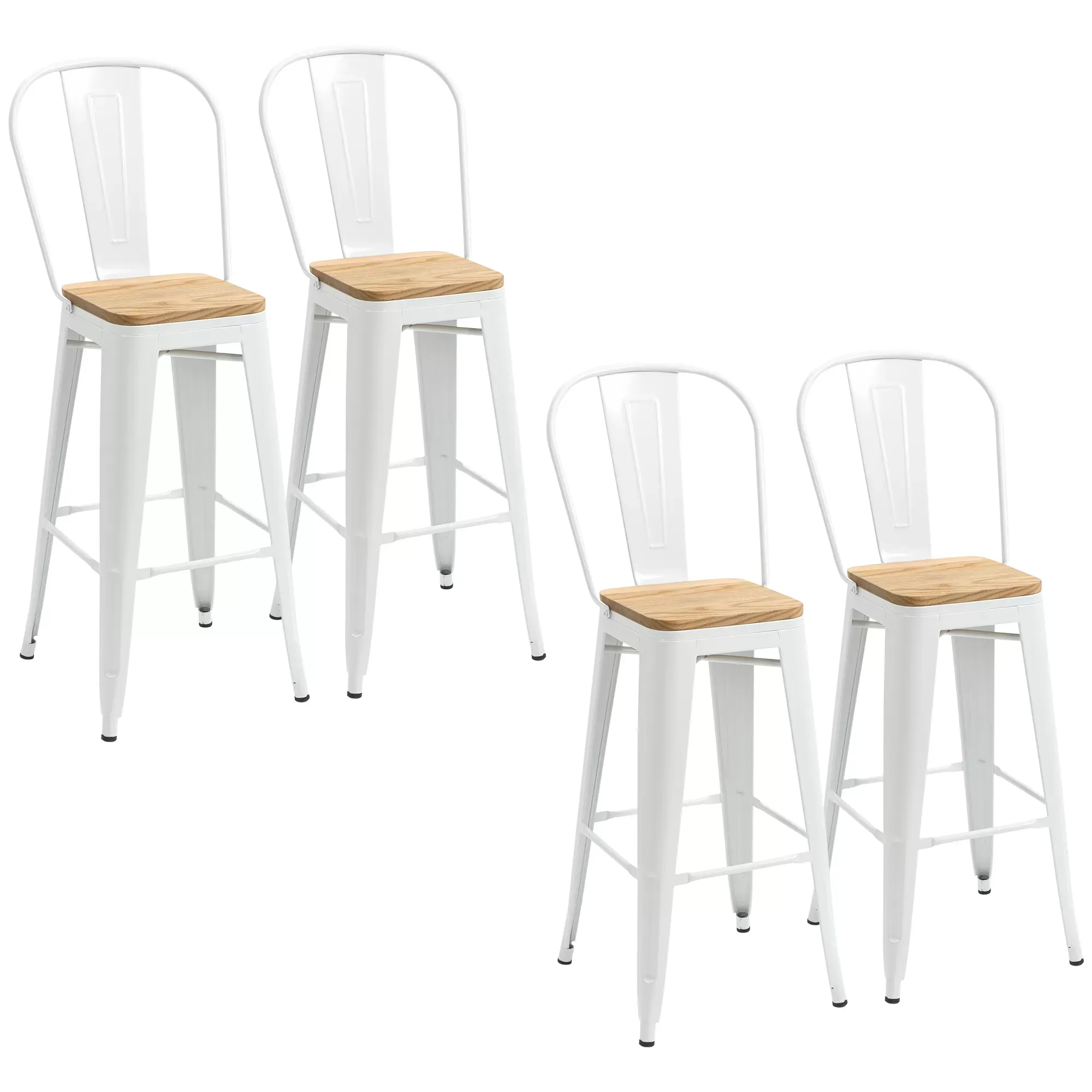 Lot de 4 tabourets de bar industriel acier blanc bois d'orme