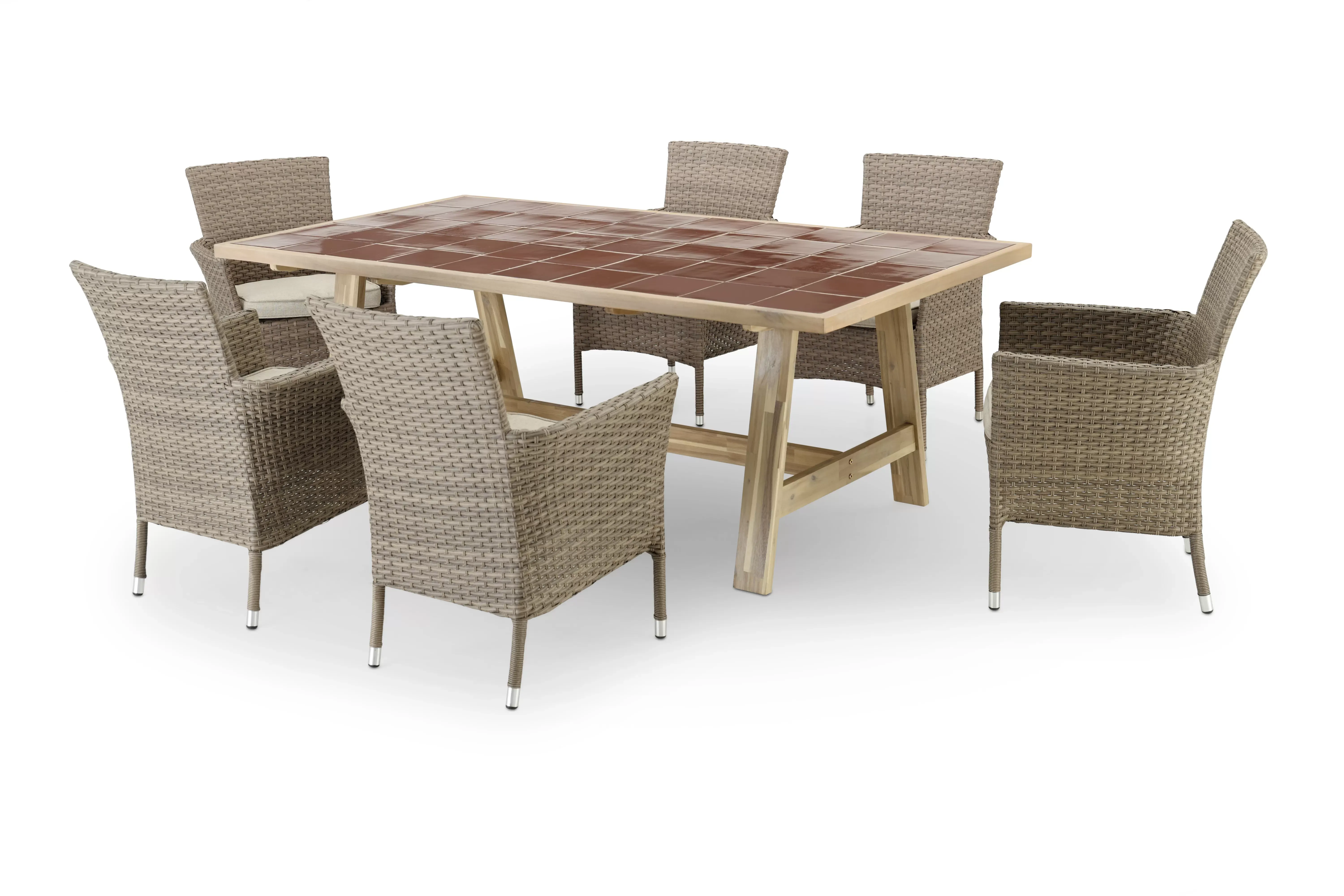 Table en céramique terre cuite 205x105 et 6 chaises empilables rotin