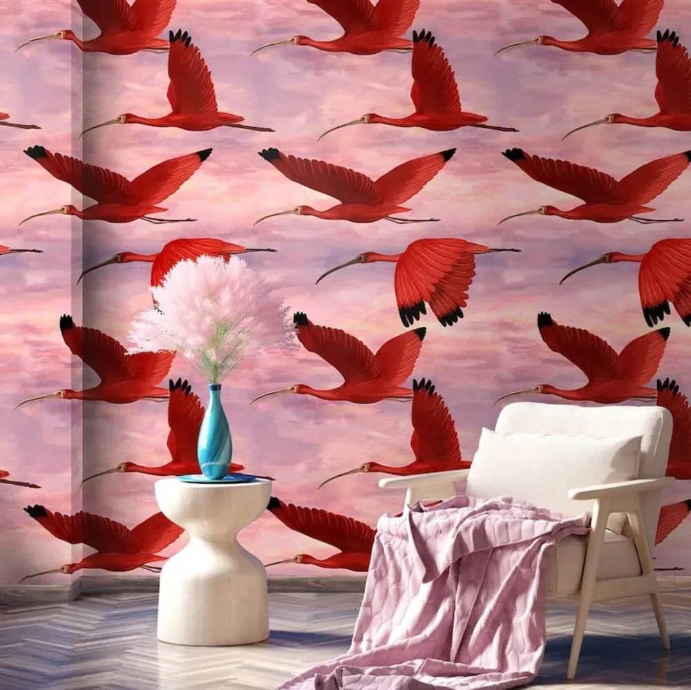 Papier Peint Rose Oiseaux,papier écologique fin,200x280cm,8 feuilles