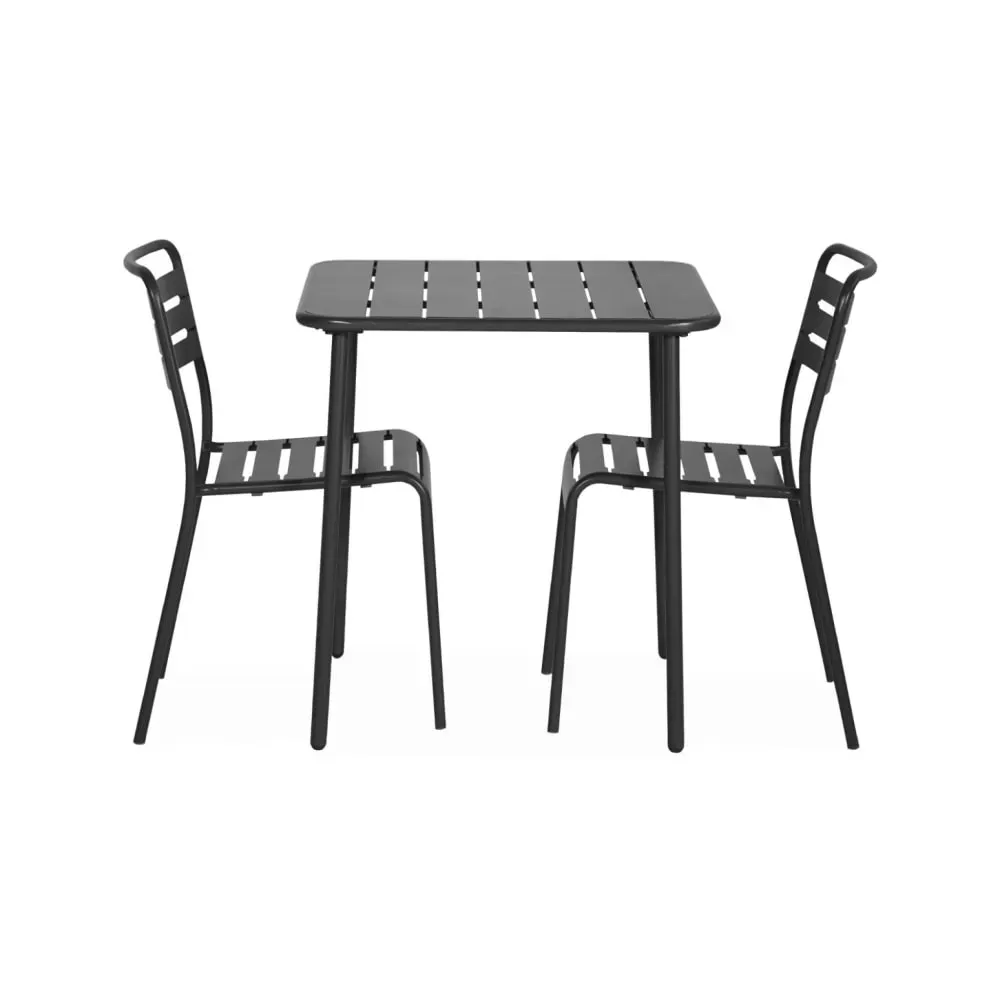 Table de jardin carrée en métal anthracite avec 2 chaises