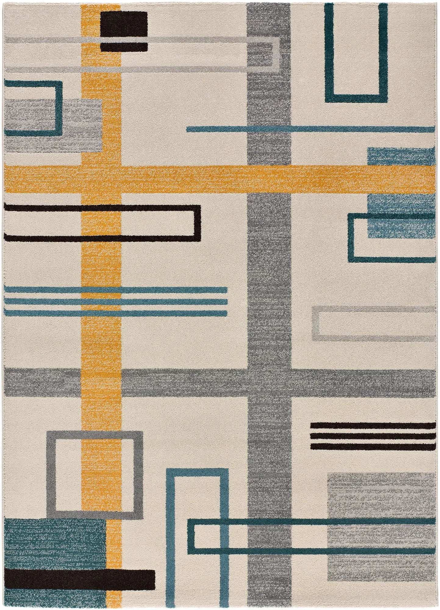 Tapis géométrique en gris avec des tons moutarde et bleu, 160X230 cm