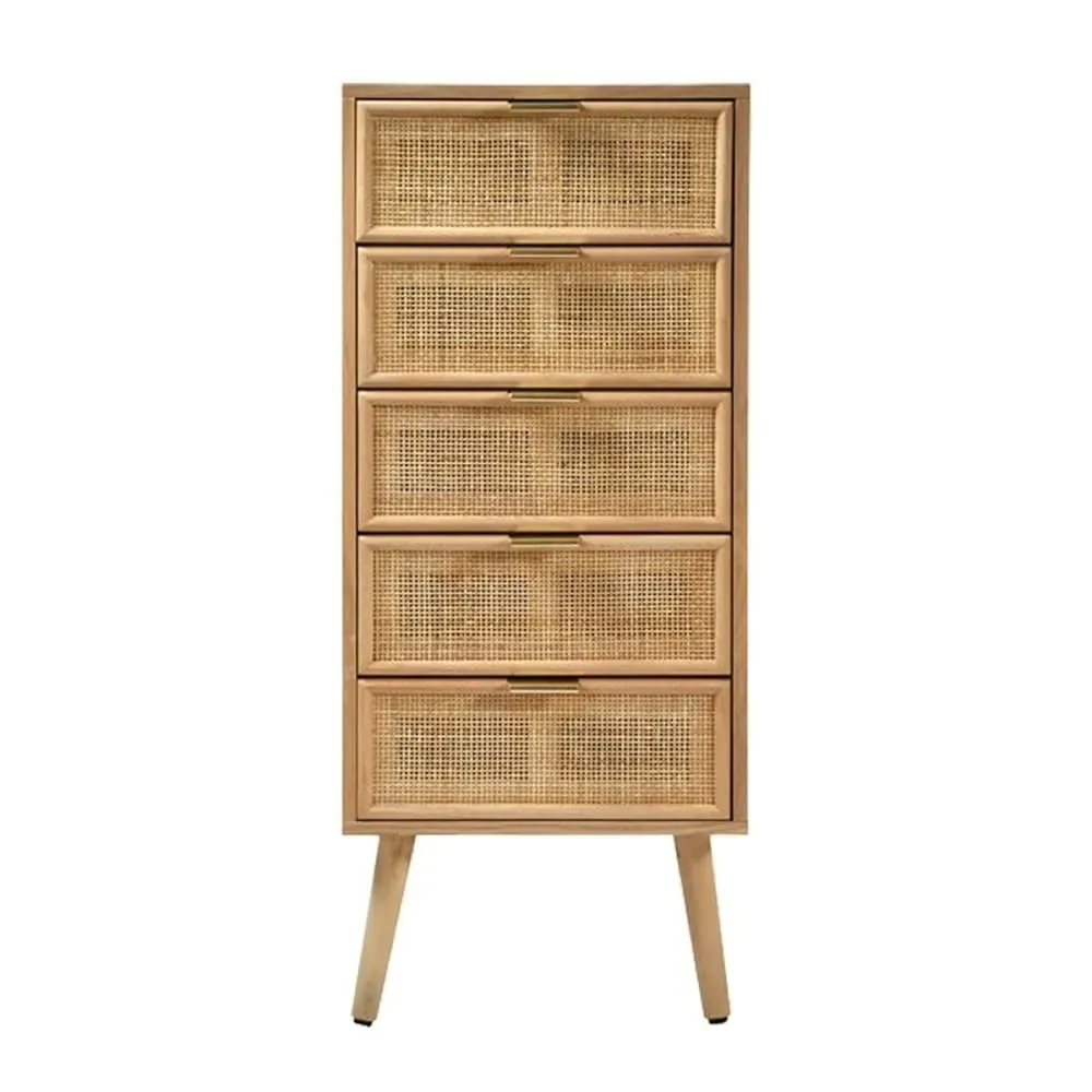 Chiffonnier 5 tiroirs façades en rotin naturel - H100 cm