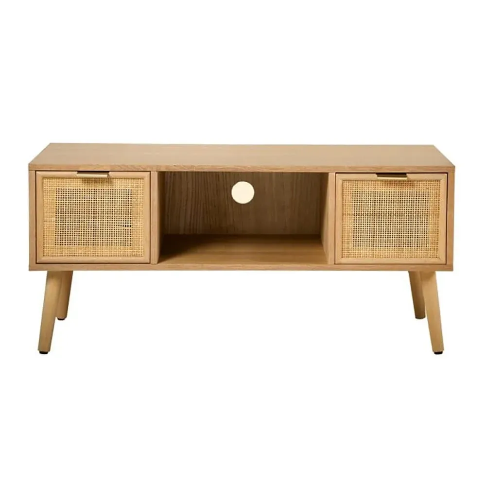 Meuble TV 2 tiroirs façades rotin - L100 cm