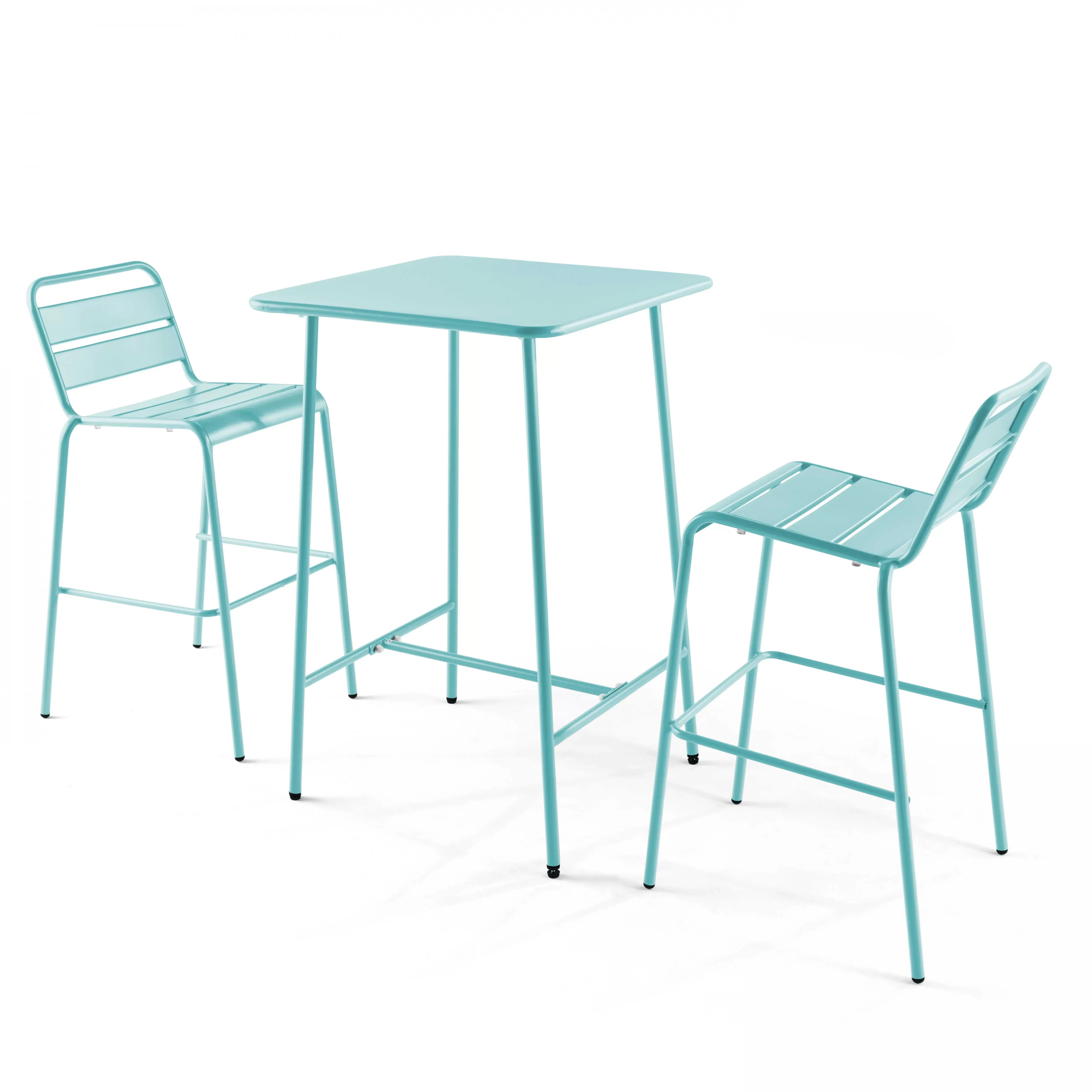 Ensemble table de bar et 2 chaises hautes en métal turquoise