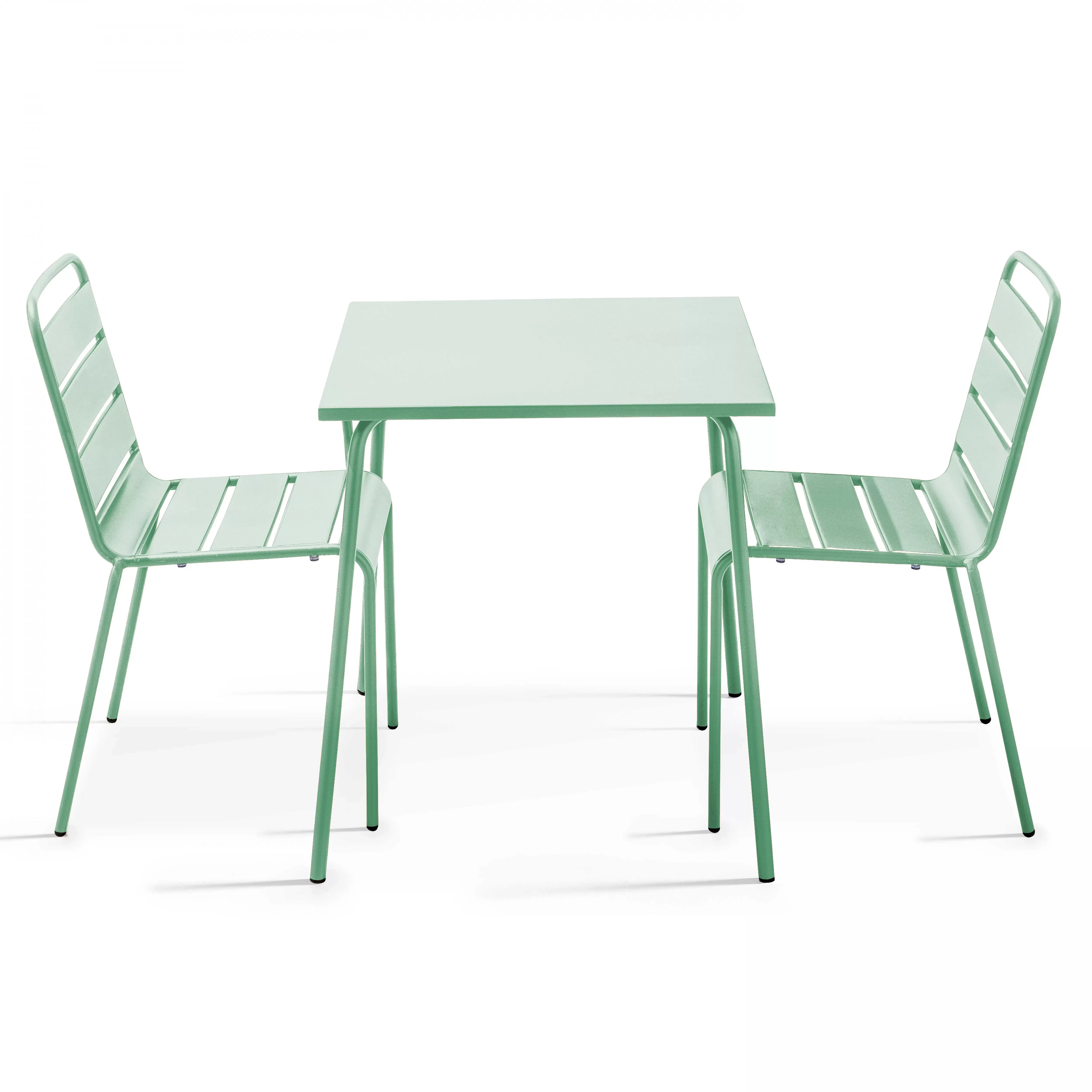Ensemble table de jardin carrée et 2 chaises acier vert sauge