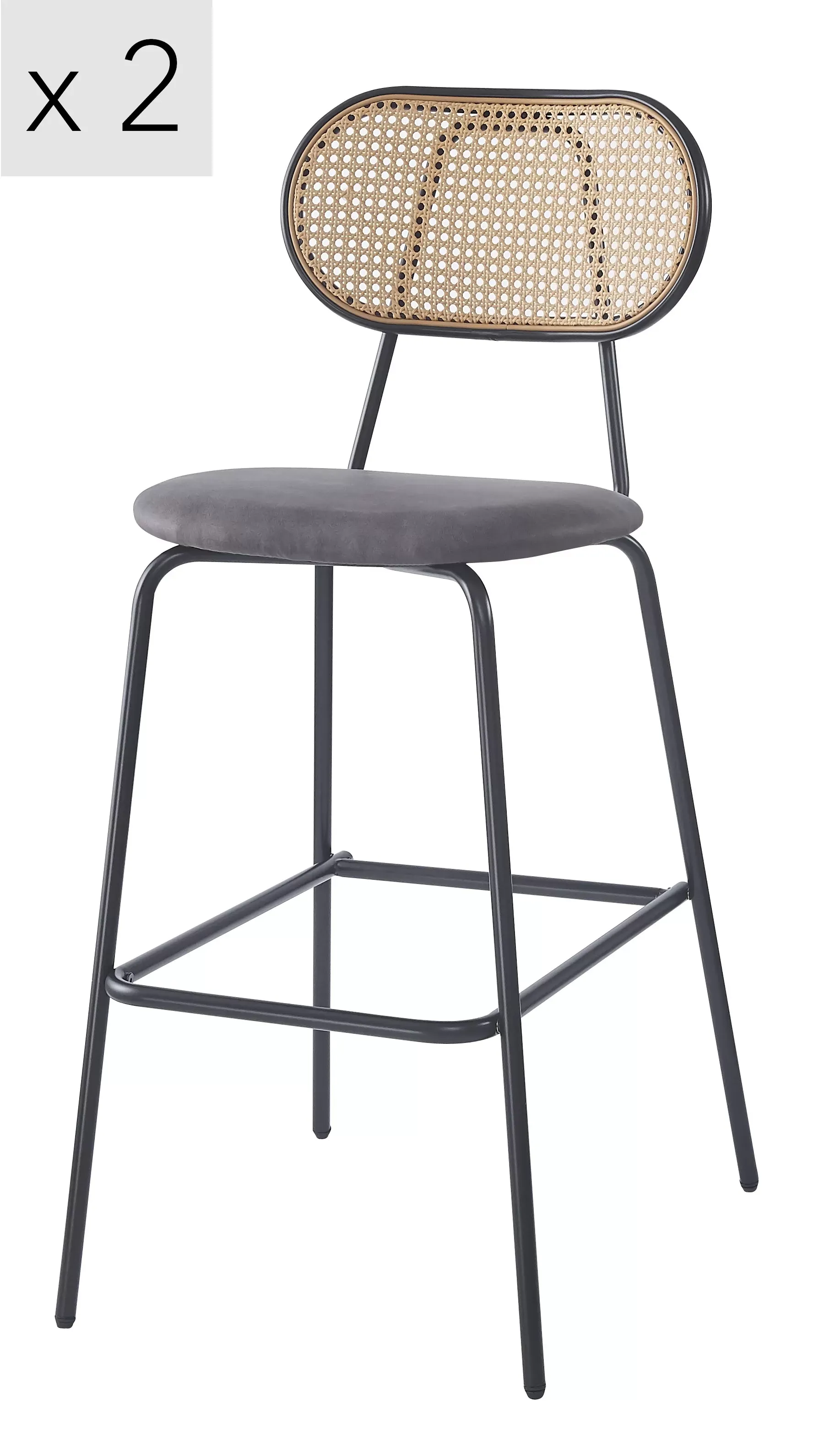 Lot de 2 tabourets de bar en métal et cannage tissu noir