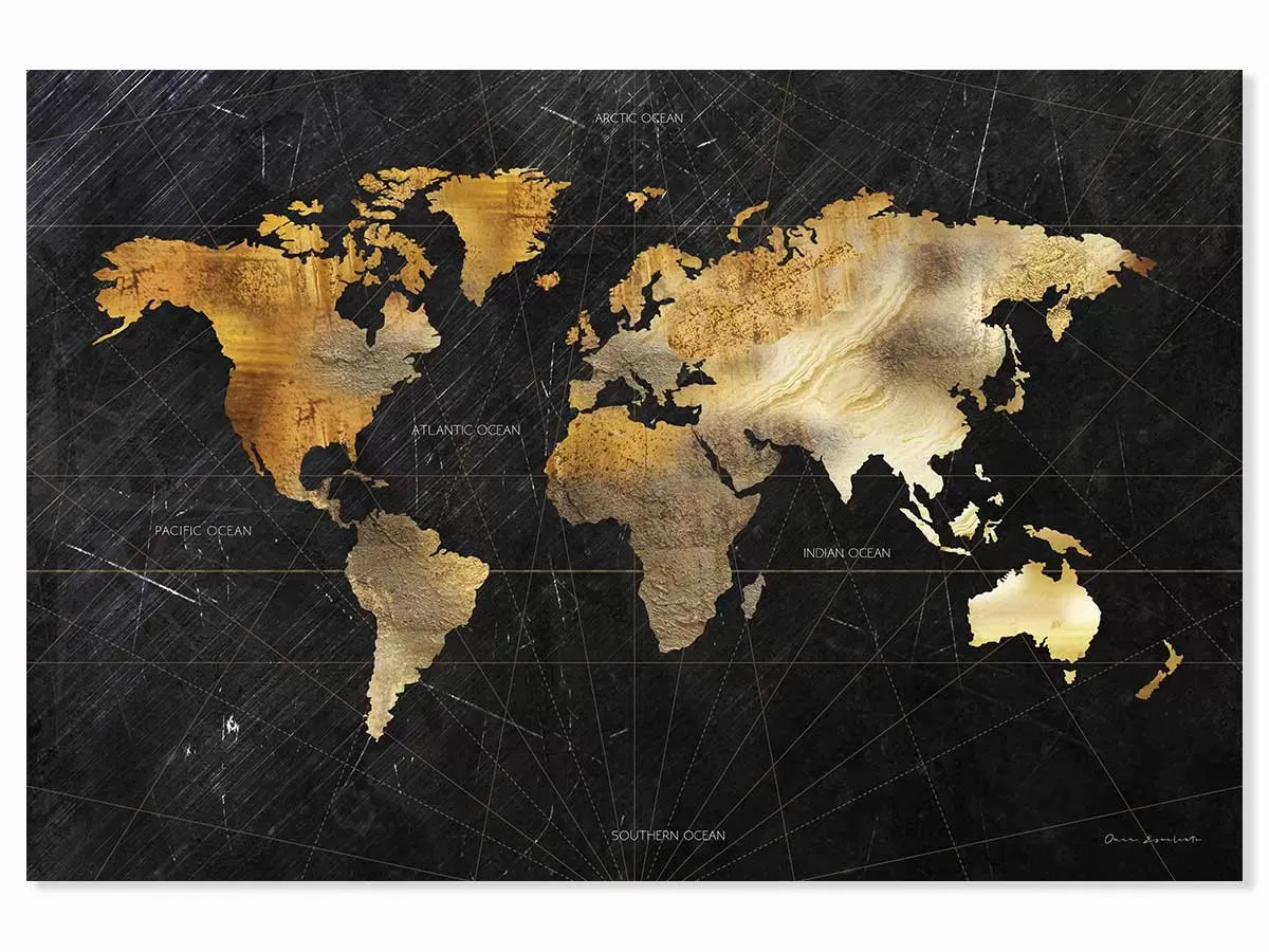 Tableau carte du monde dorée imprimé sur toile 90x60 cm